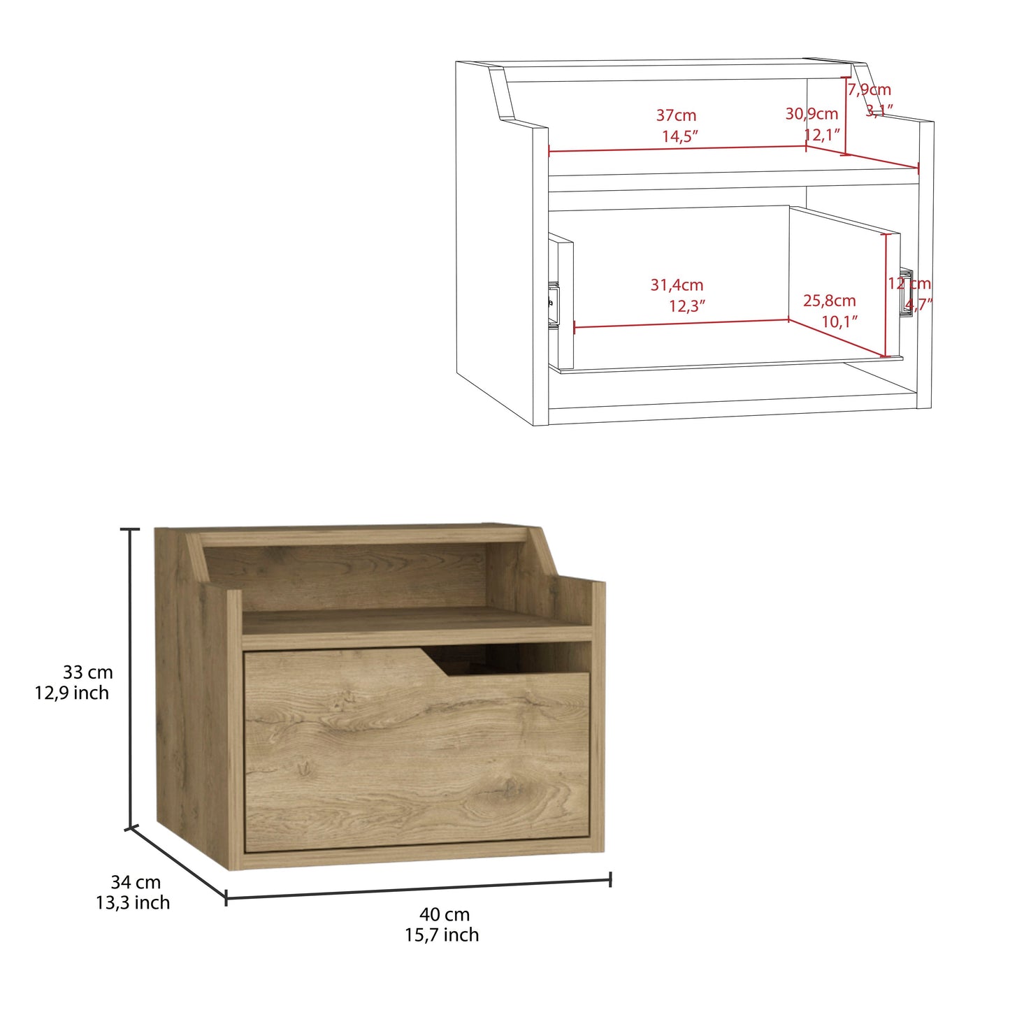 Wood grain bedside table with one drawer and open shelf