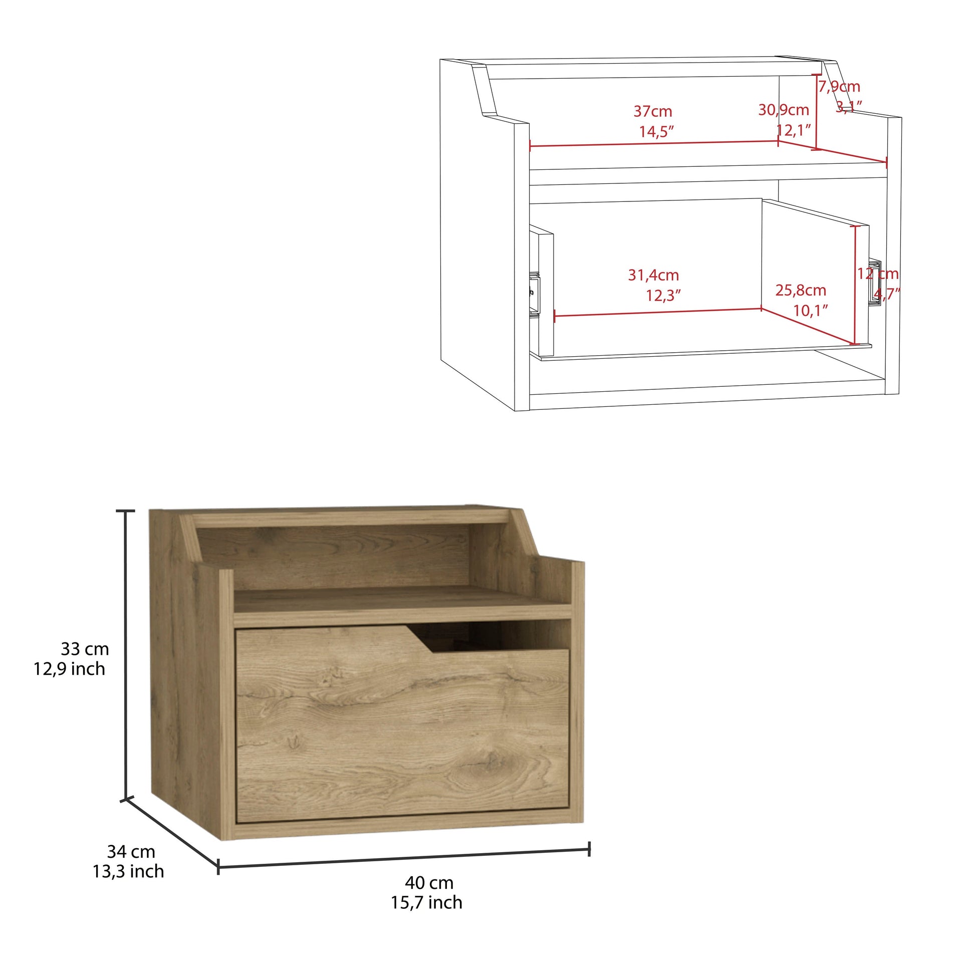 Wood grain bedside table with one drawer and open shelf