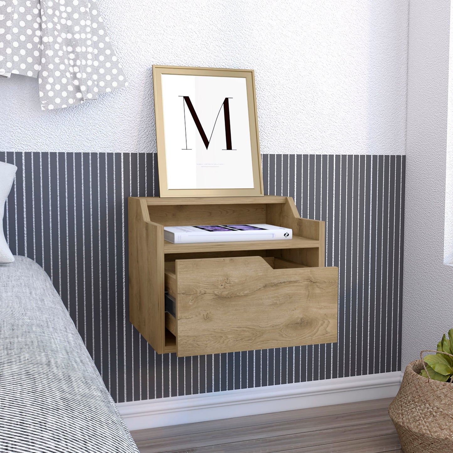 Floating oak bedside table with one drawer and open shelf modern design