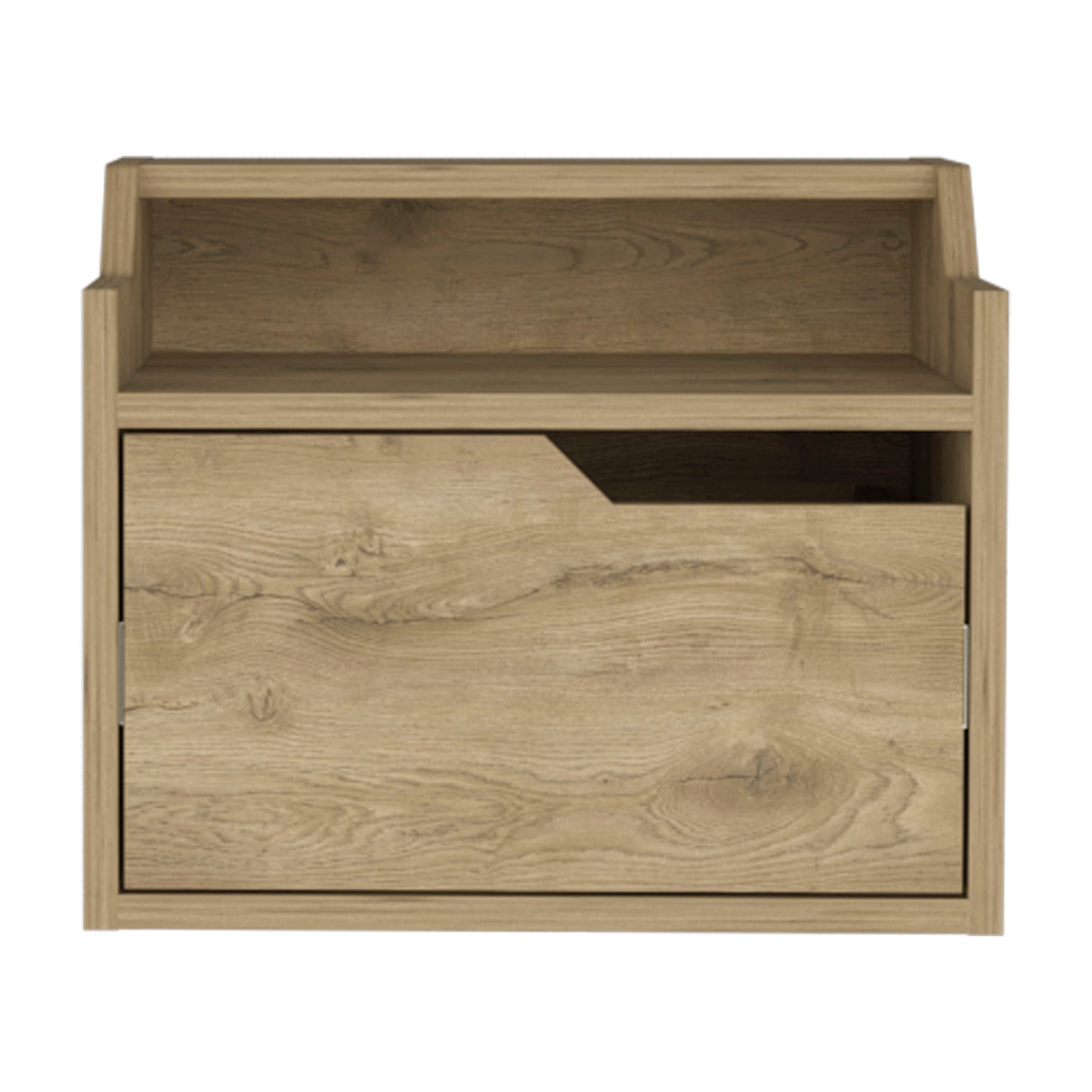 Light brown wood grain bedside table with a drawer and shelf