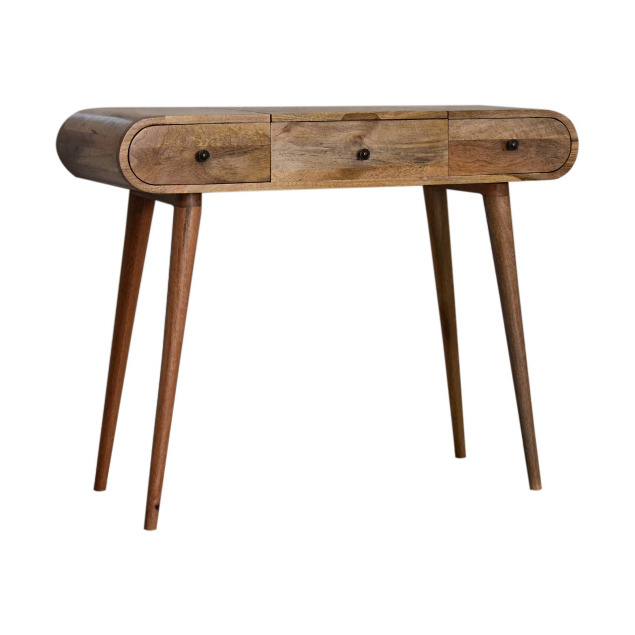 Midcentury modern mango wood console table with three drawers