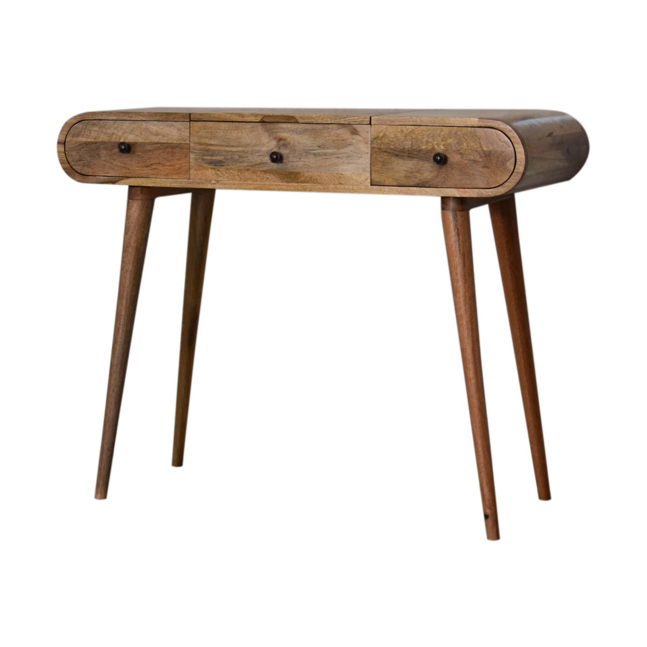 Wooden entryway console table with three drawers and tapered legs