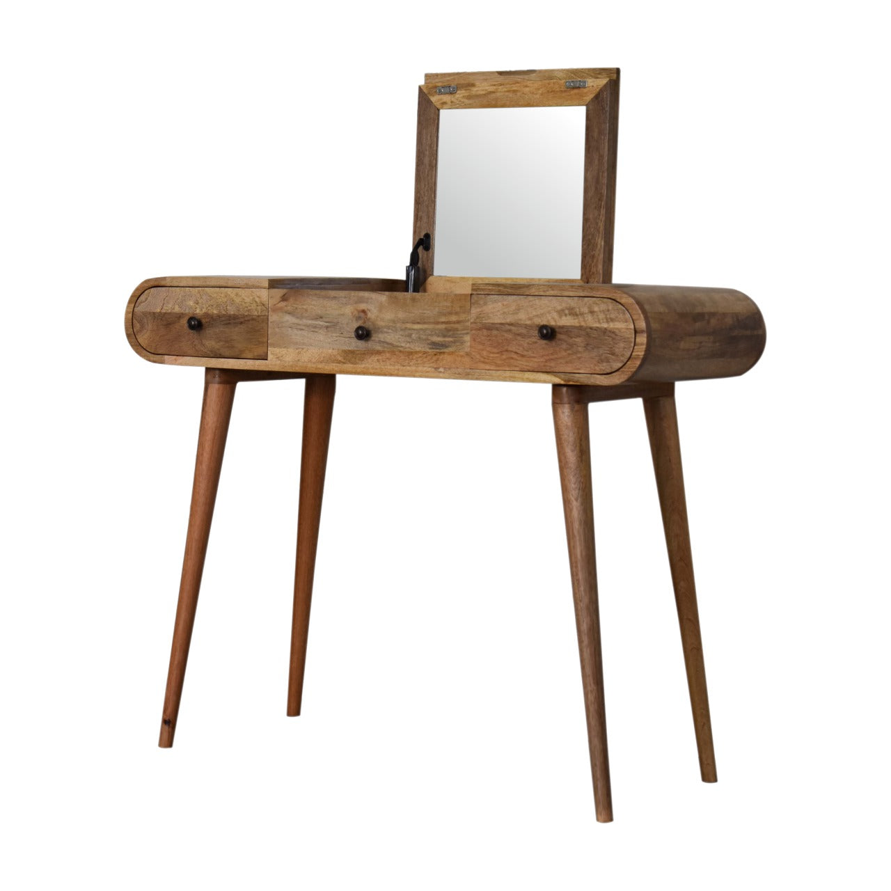 Midcentury modern wooden vanity table with three drawers and a fliptop mirror