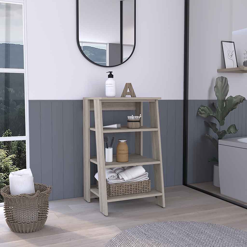 Light oak wood ladder shelf with three tiers ideal for bathroom storage