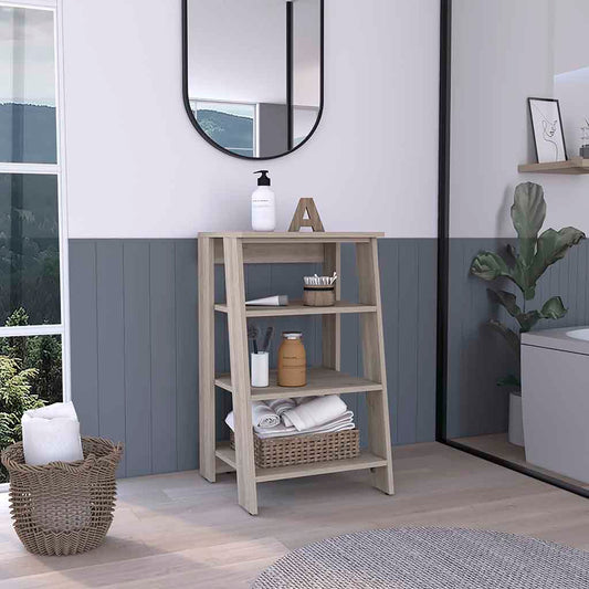 Light oak wood ladder shelf with three tiers ideal for bathroom storage