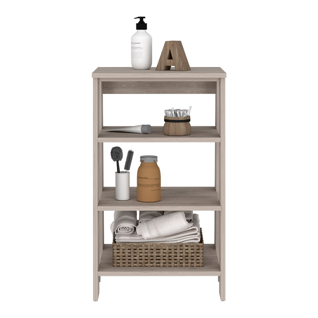Gray wood bathroom shelving unit with toiletries and folded towels
