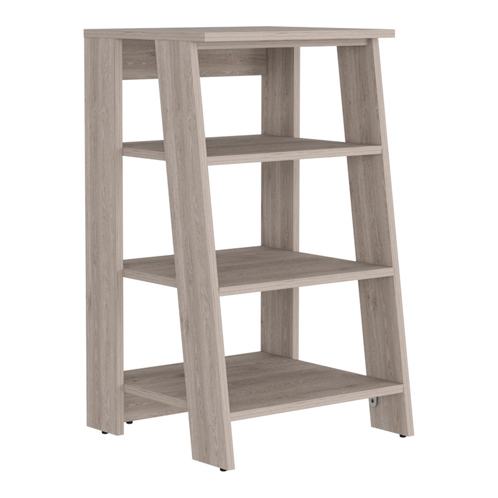 Modern grey wood leaning bookshelf with four open shelves perfect for home decor storage