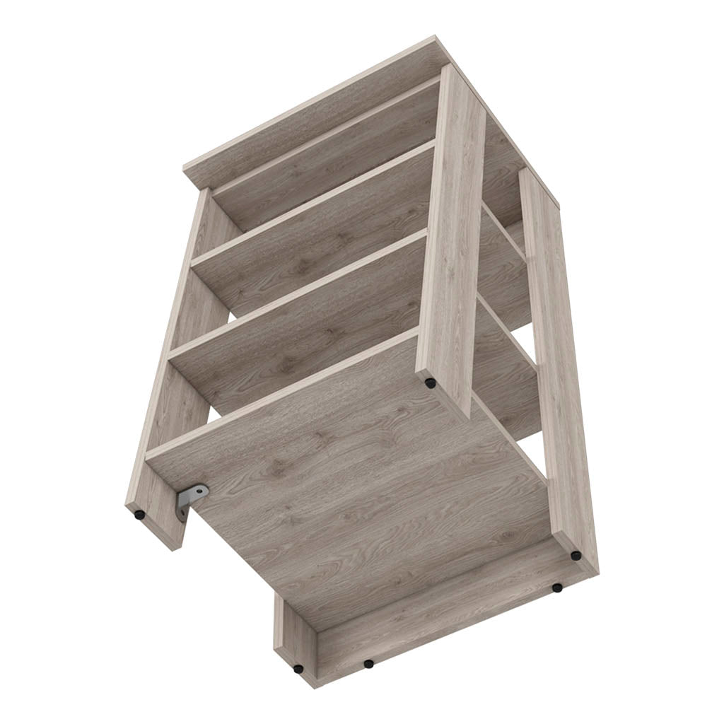 Light wood effect folding desk with multiple shelves ideal for small spaces