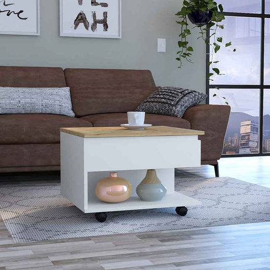 White and wood lifttop coffee table with storage shelf on wheels