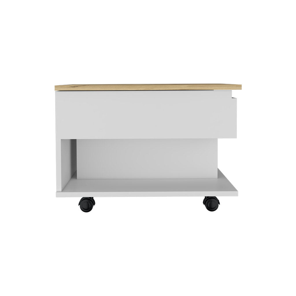 White modern bedside table with oakeffect top and wheels