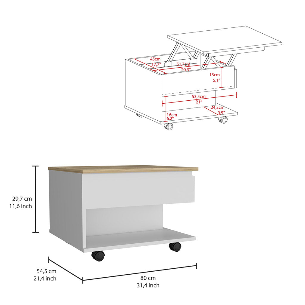 White lifttop coffee table with wood accent and casters cm wide