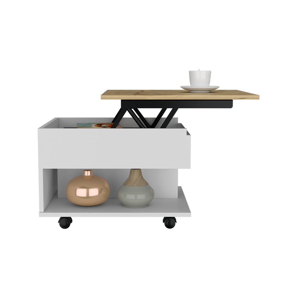 Modern white lifttop coffee table with wood accent and black metal lift mechanism