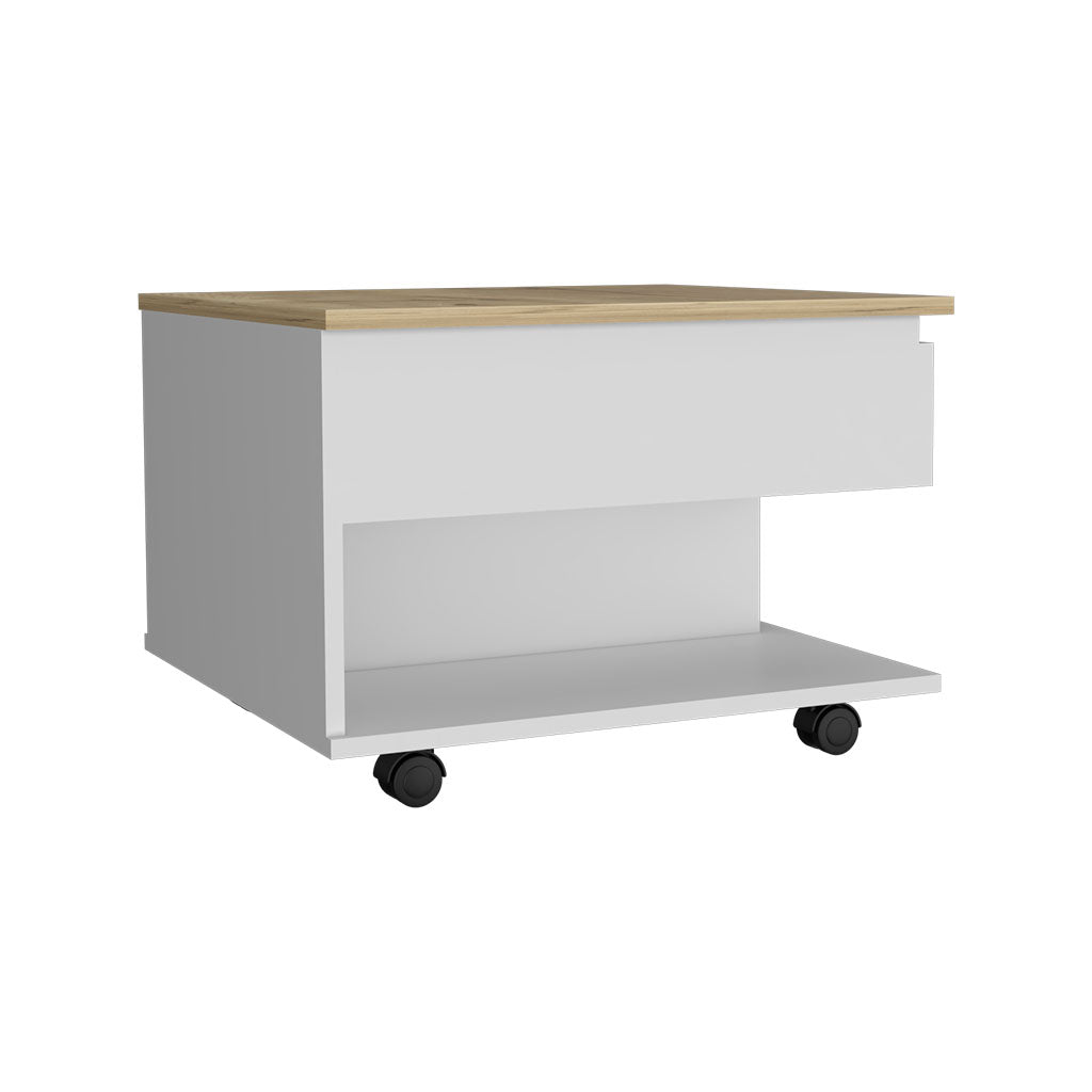 White rolling side table with a wood top and open shelf for storage