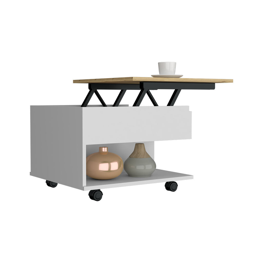 White modern lifttop coffee table with oak wood surface and hidden storage