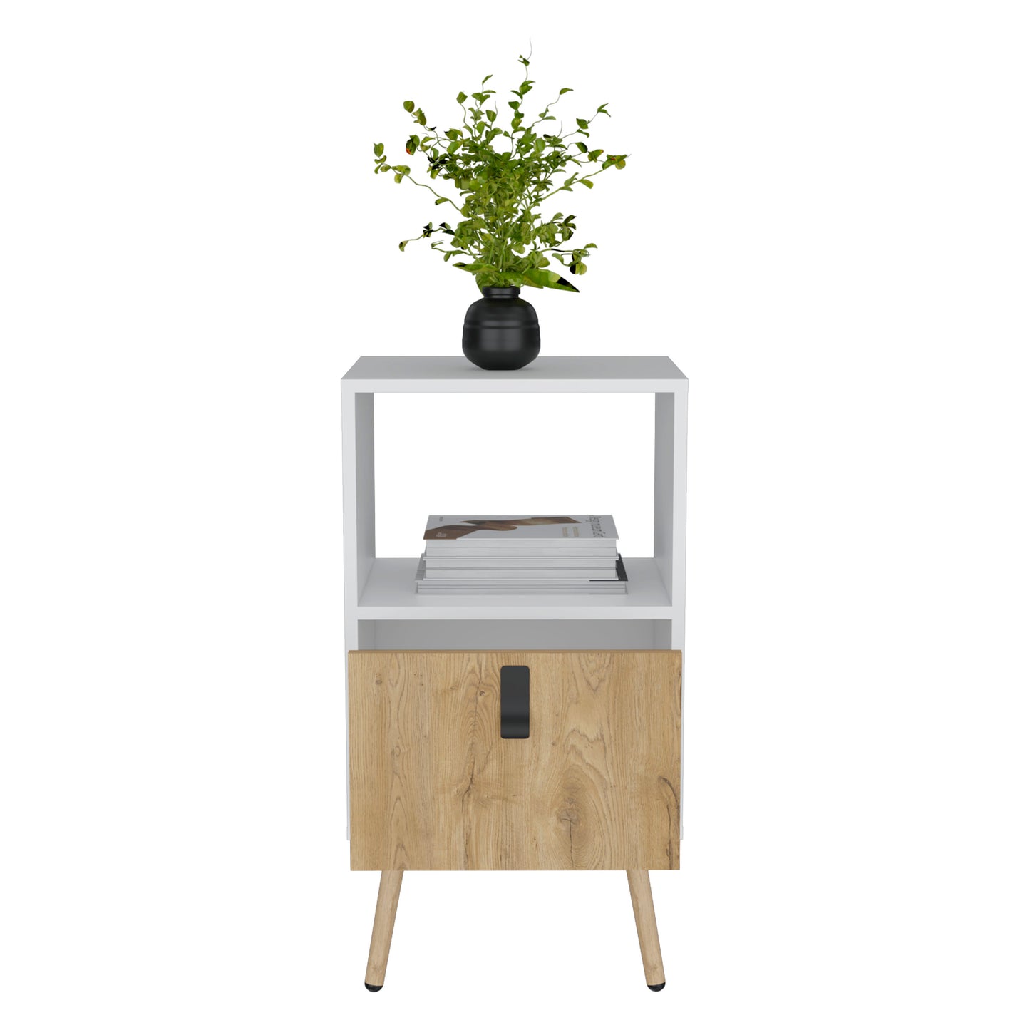 Modern white nightstand with oak drawer and open shelf