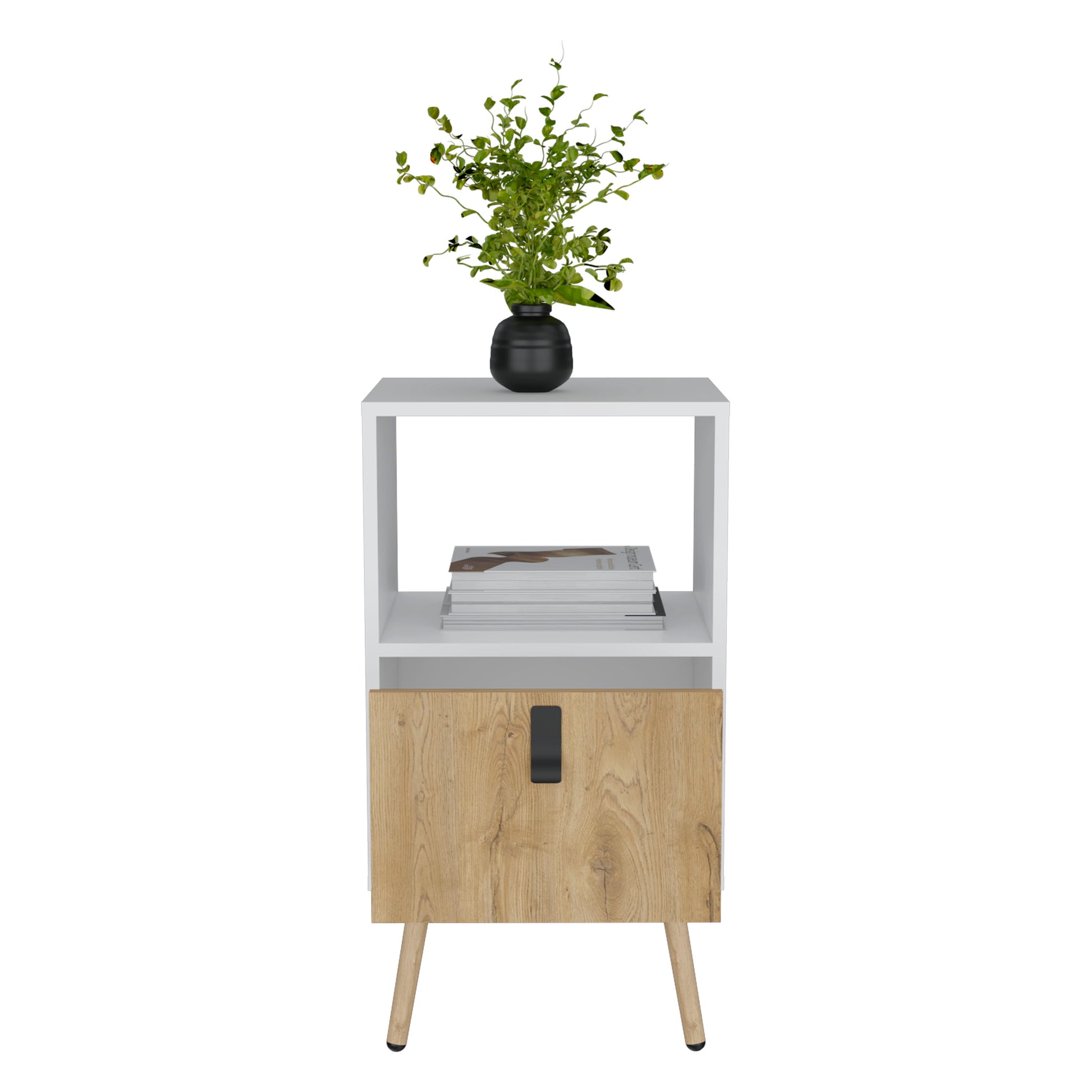 Modern white nightstand with oak drawer and open shelf