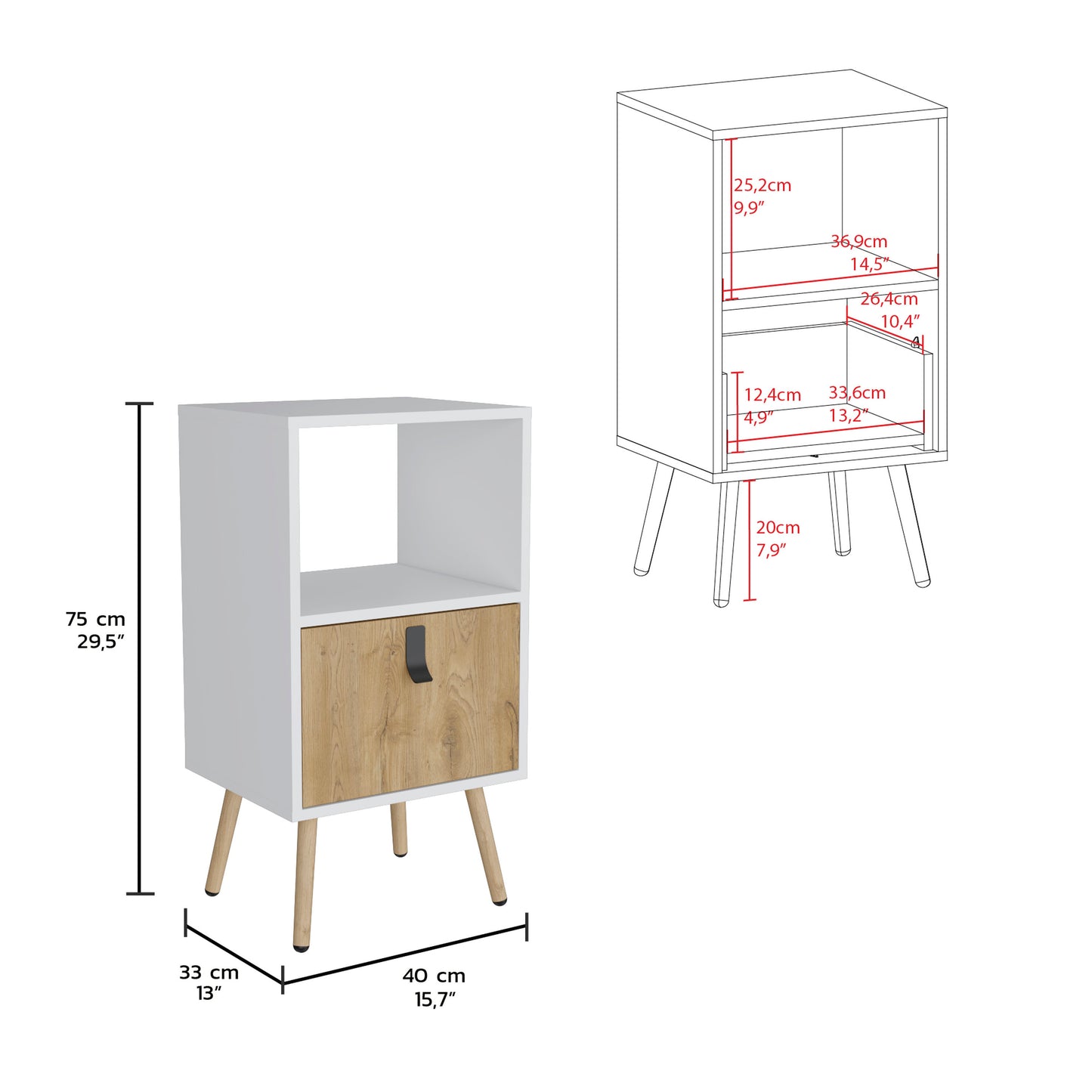 White and wood bedside table with one drawer and open shelf