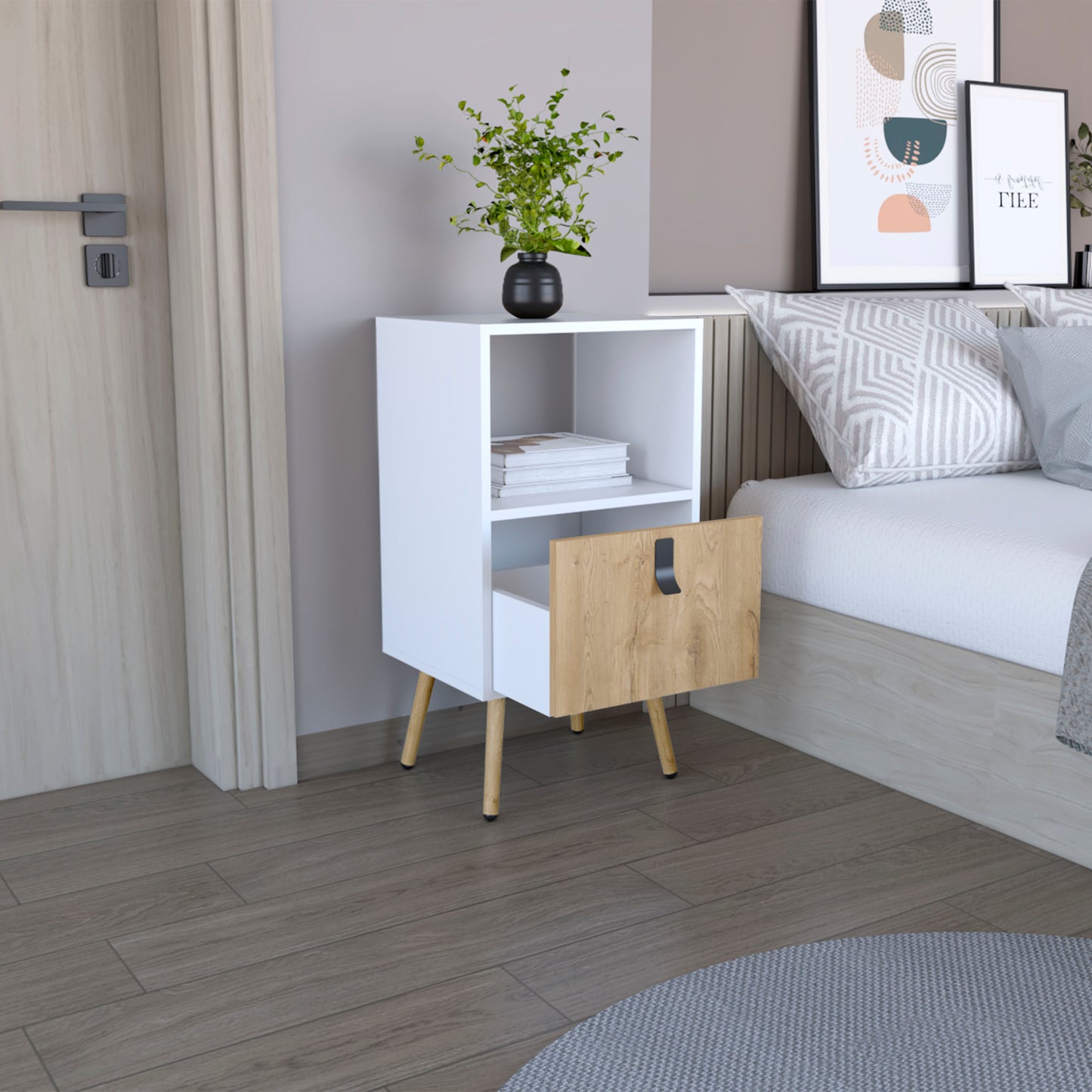 Modern white nightstand with a woodgrain drawer and tapered legs