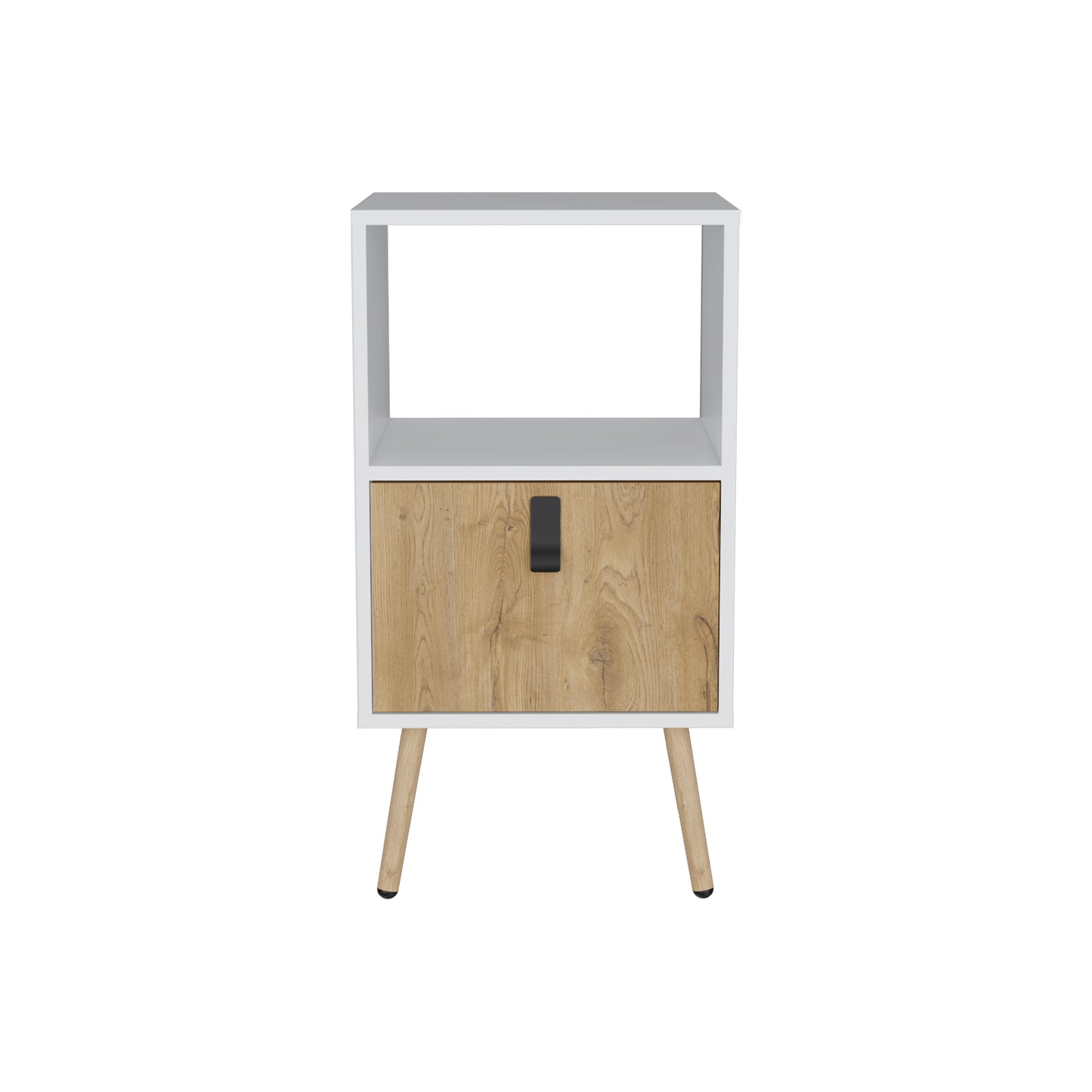 White and wood grain drawer nightstand with angled legs