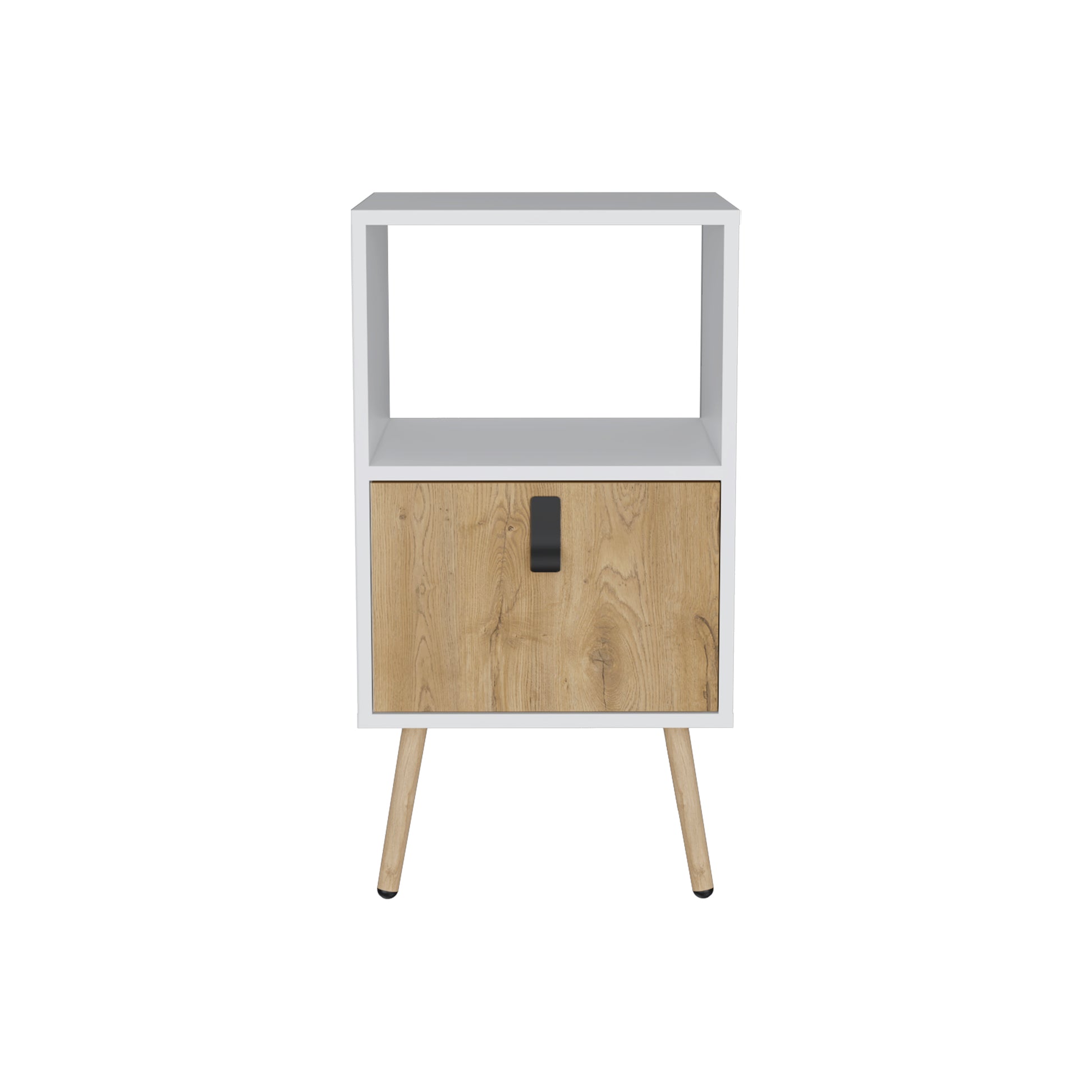 White and wood grain drawer nightstand with angled legs