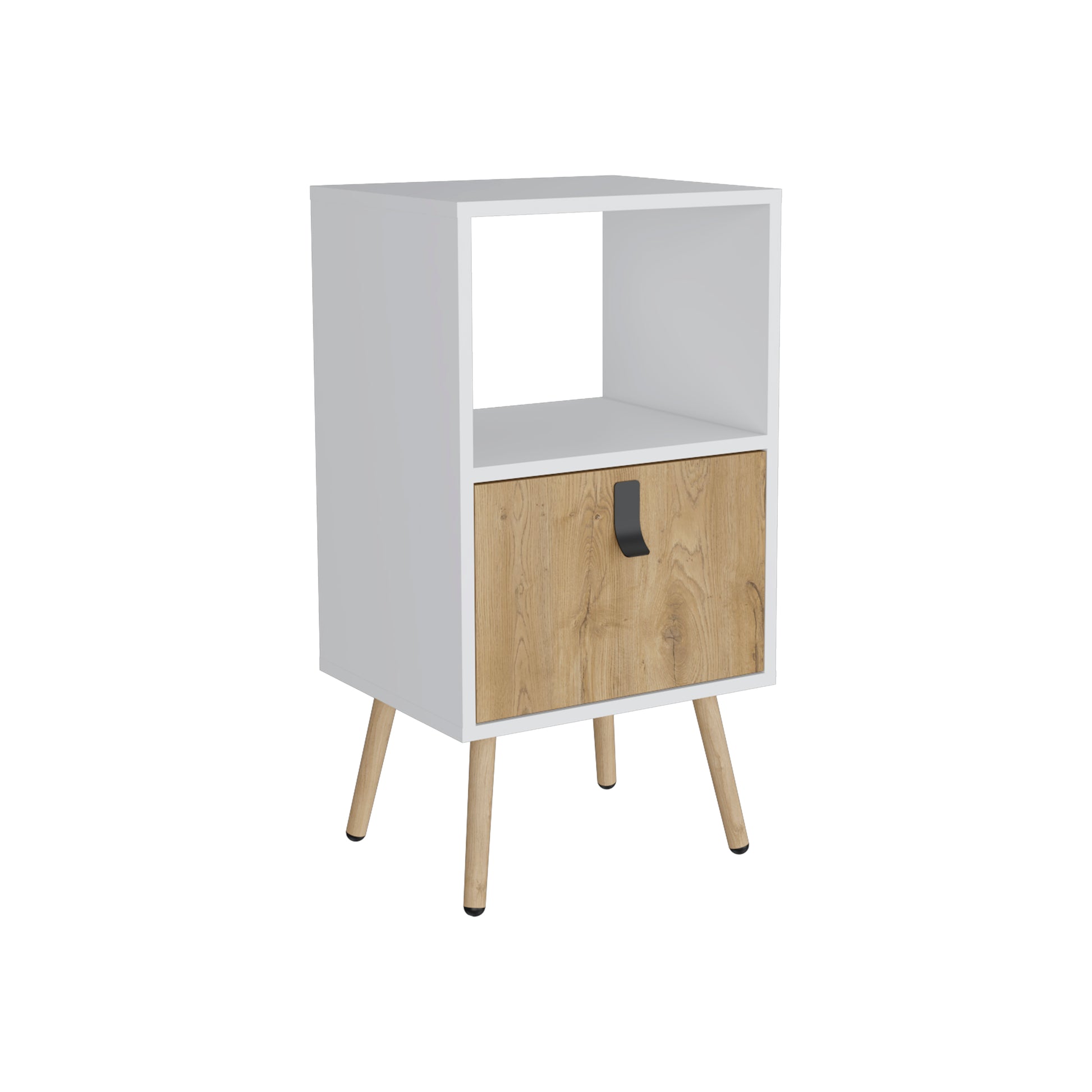 White and wood grain bedside table with drawer and open shelf