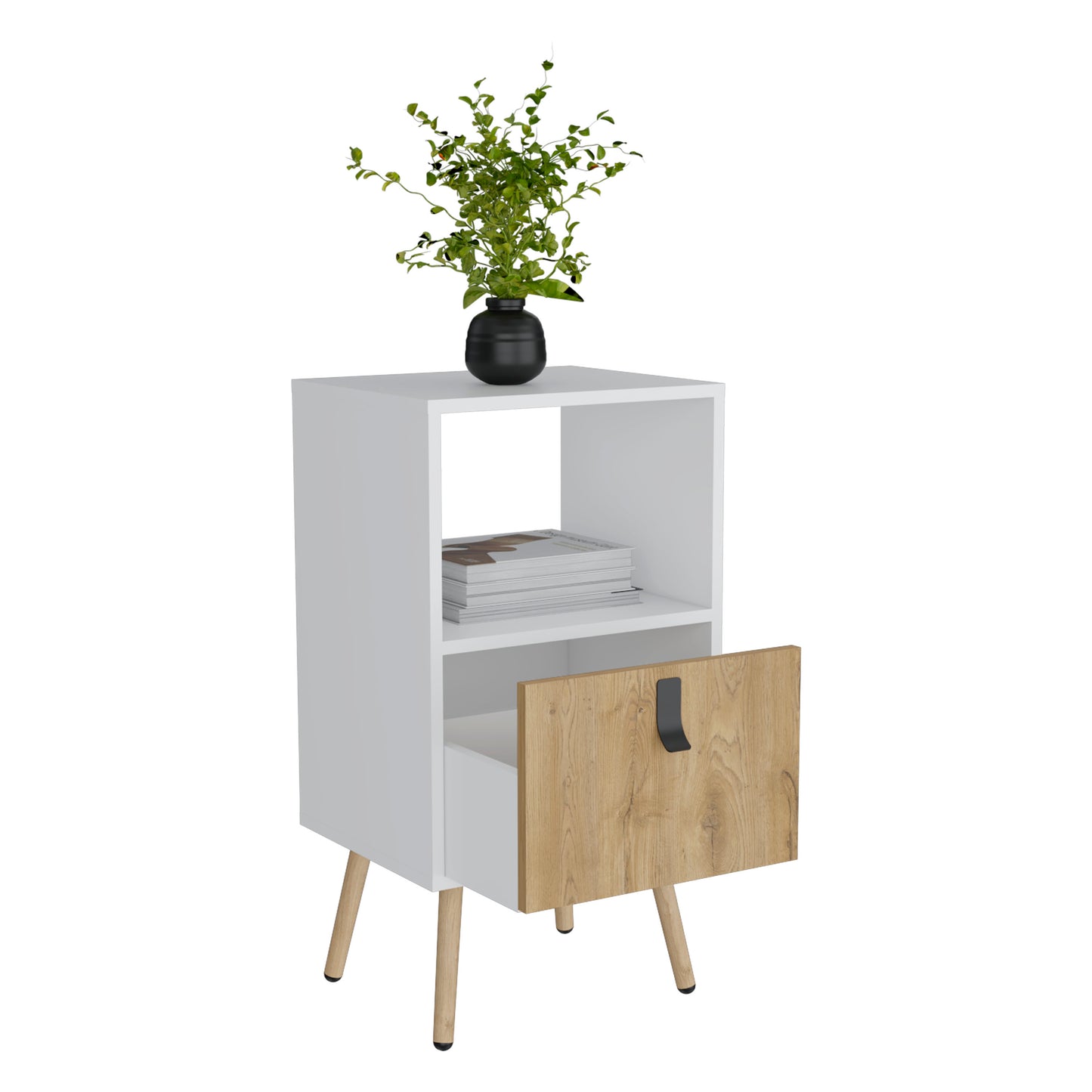White and wood accent bedside table with open shelf and drawer ideal for modern bedrooms