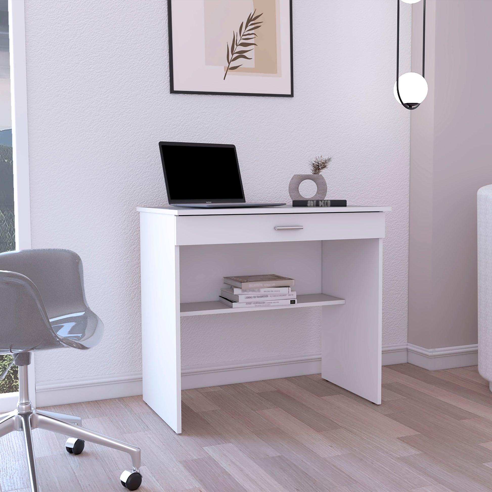 Compact white desk with drawer and open shelf ideal for small home office