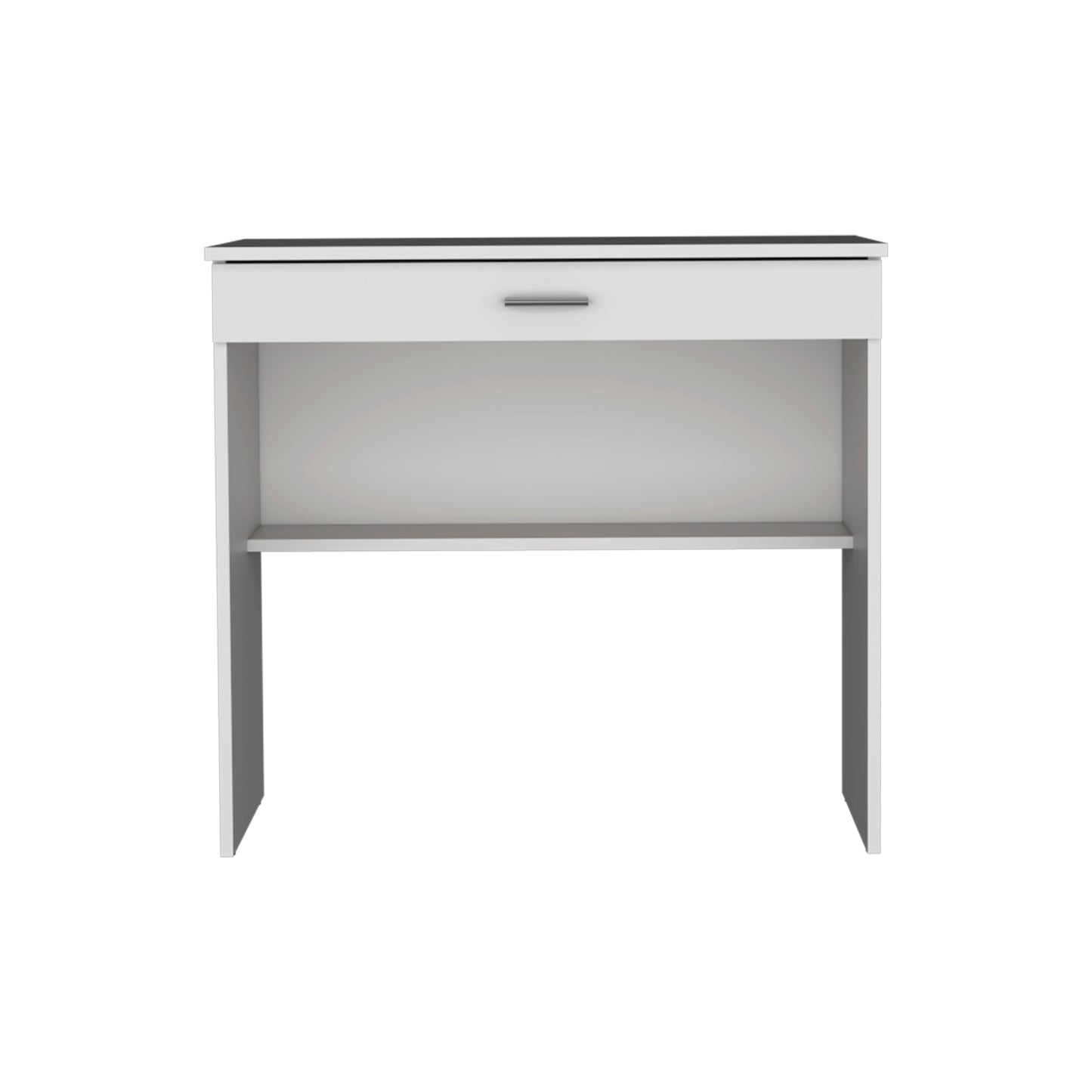 White modern desk with one drawer and open shelf space