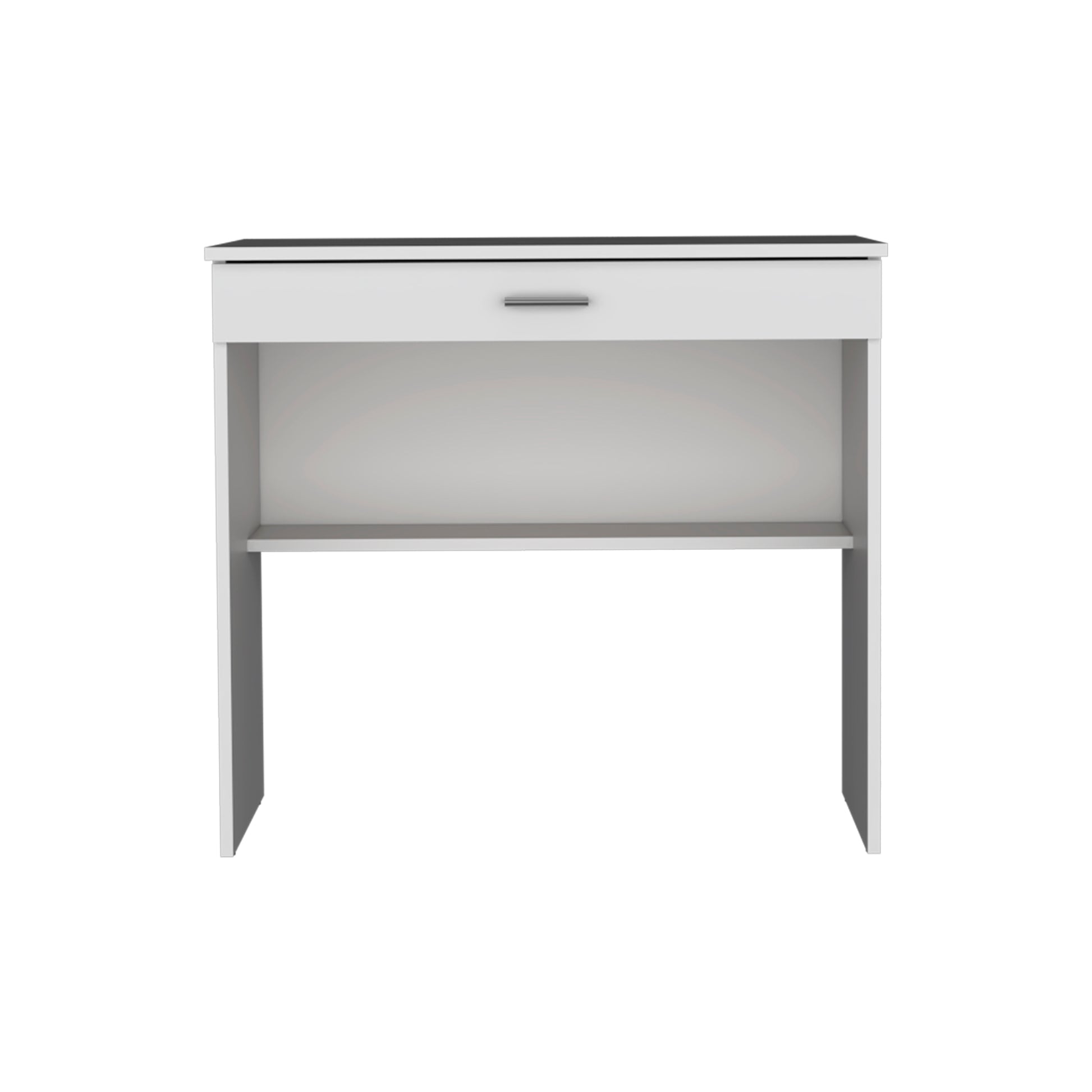 White modern desk with one drawer and open shelf space