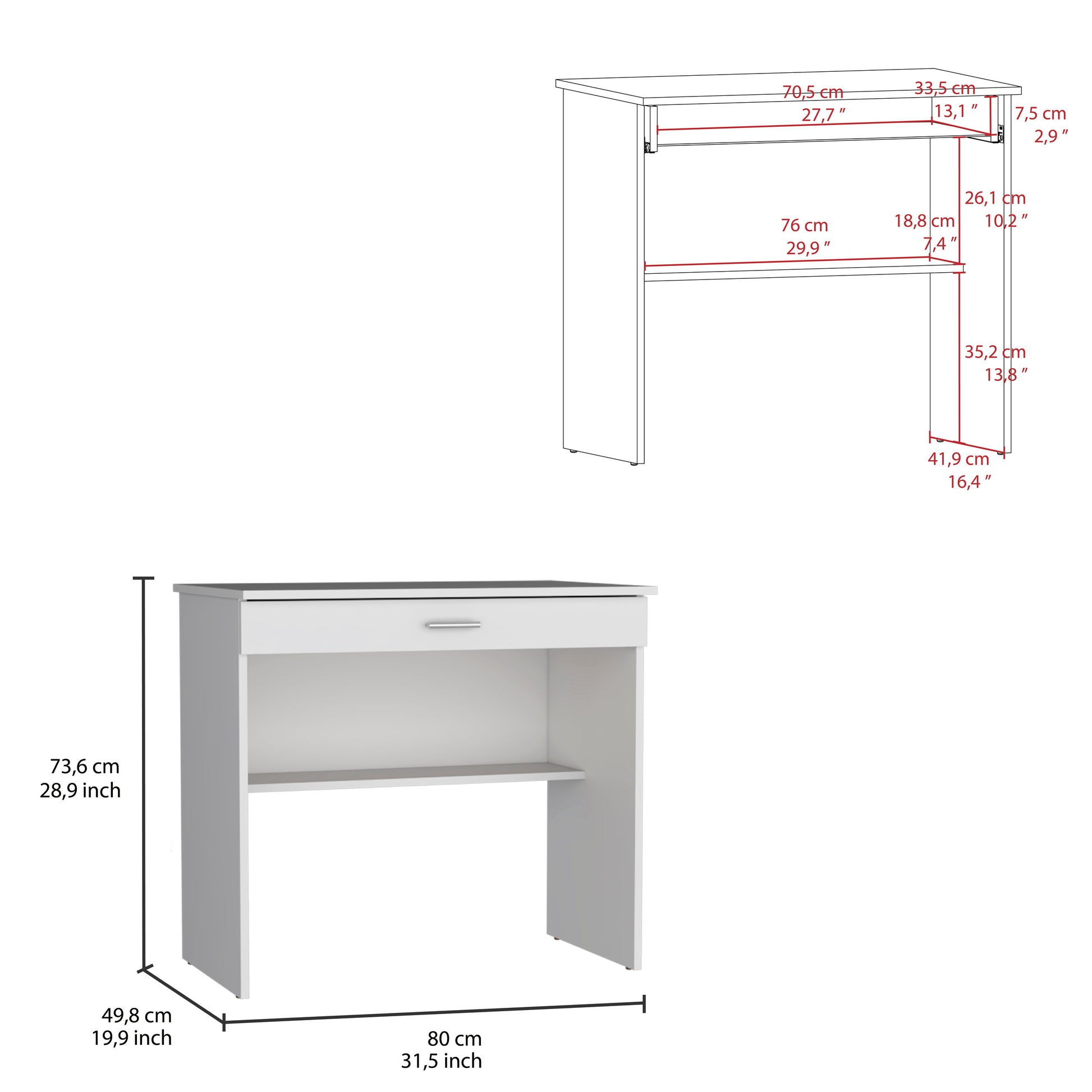White modern desk with one drawer and open shelf dimensions shown