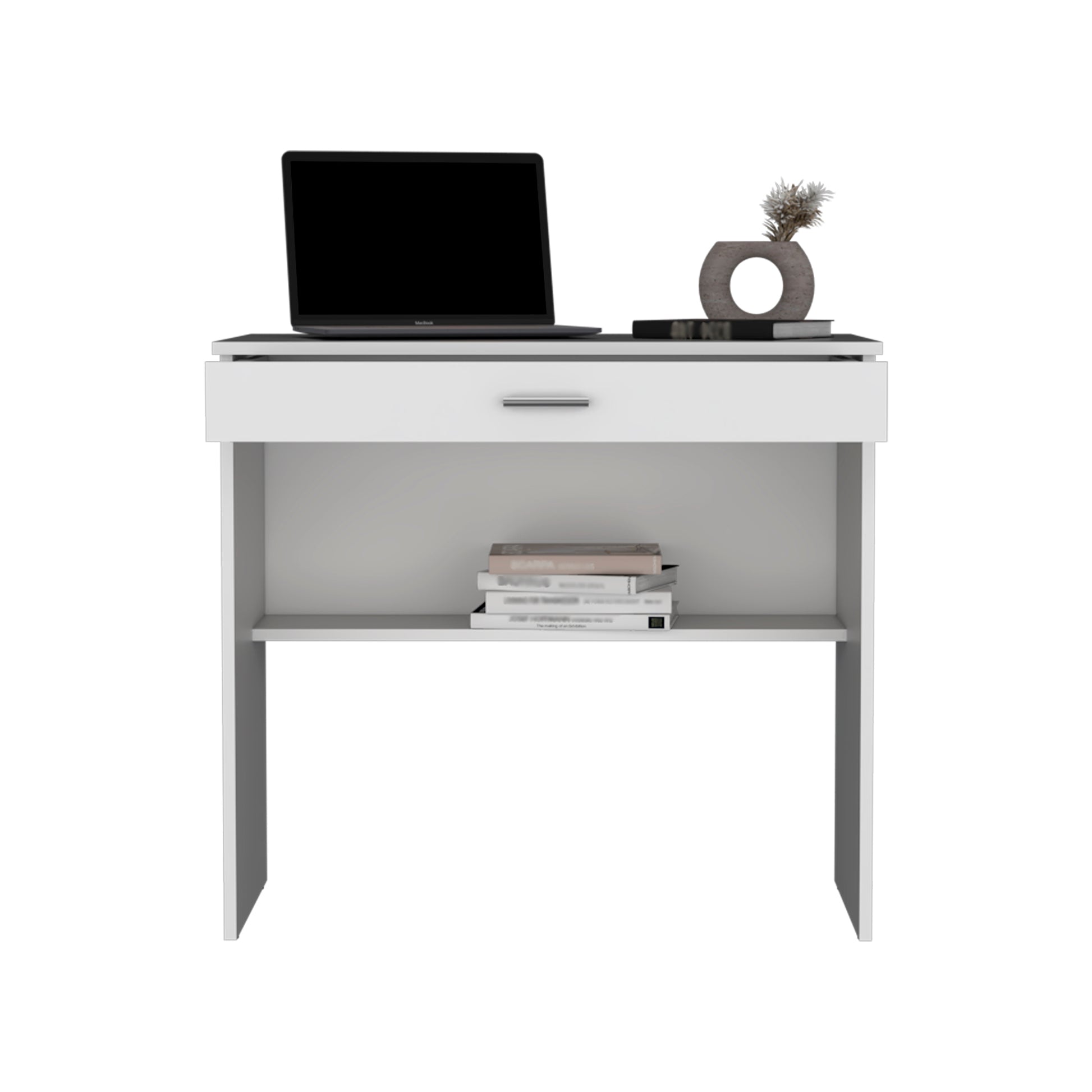 Modern white compact desk with laptop and drawer for home office use