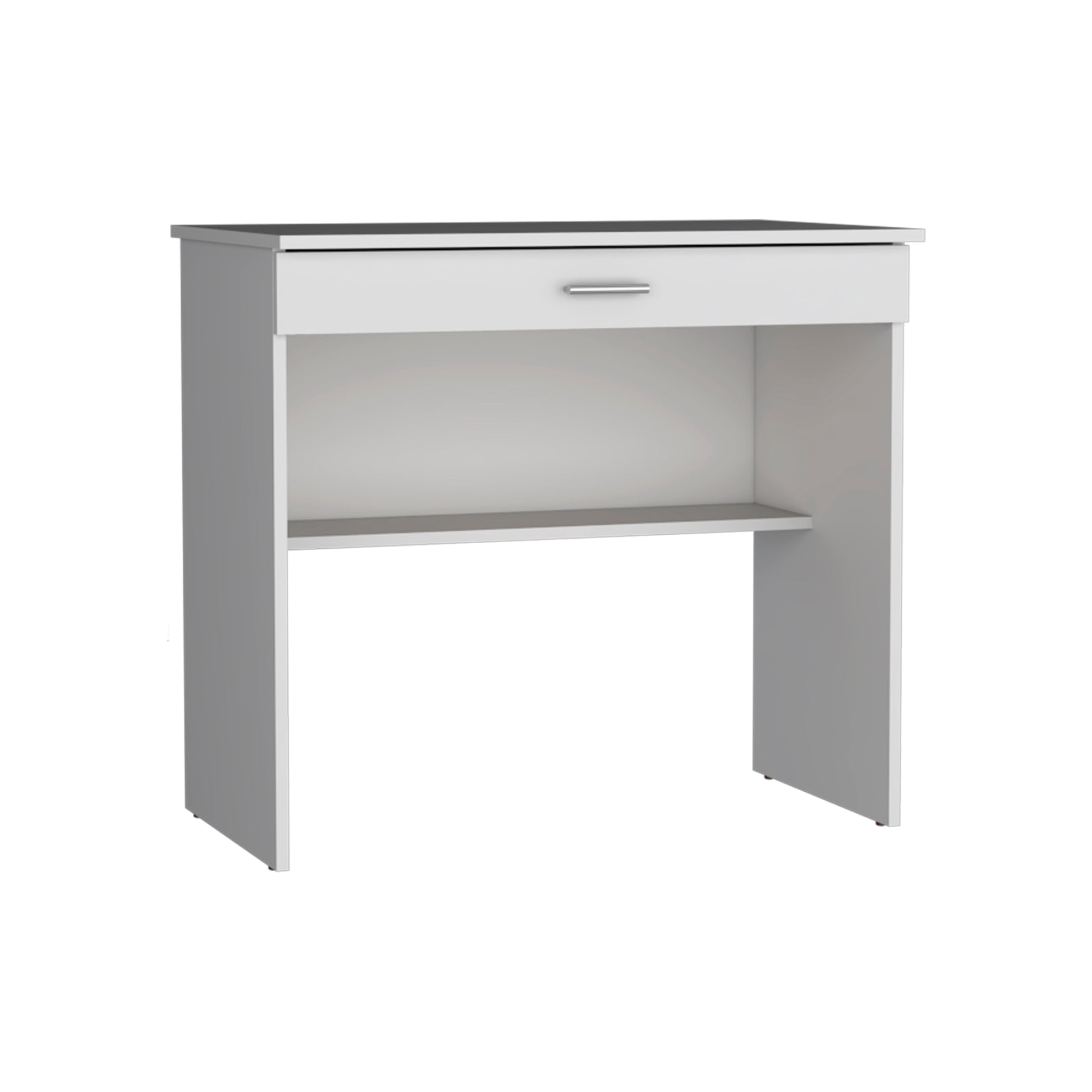 White modern desk with a single drawer and an open shelf