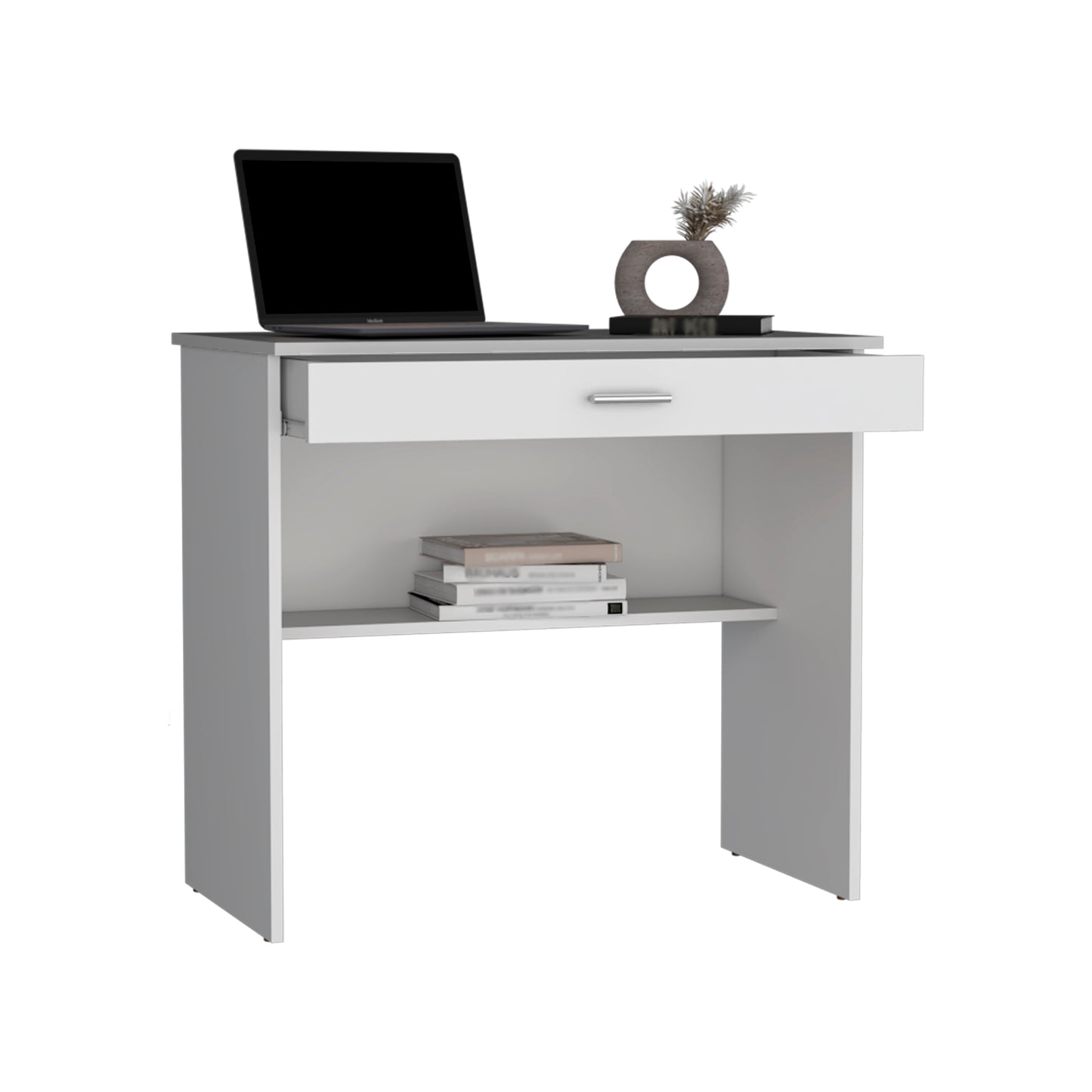 Modern white desk with silver drawer pull and open drawer featuring a laptop and decorative vase