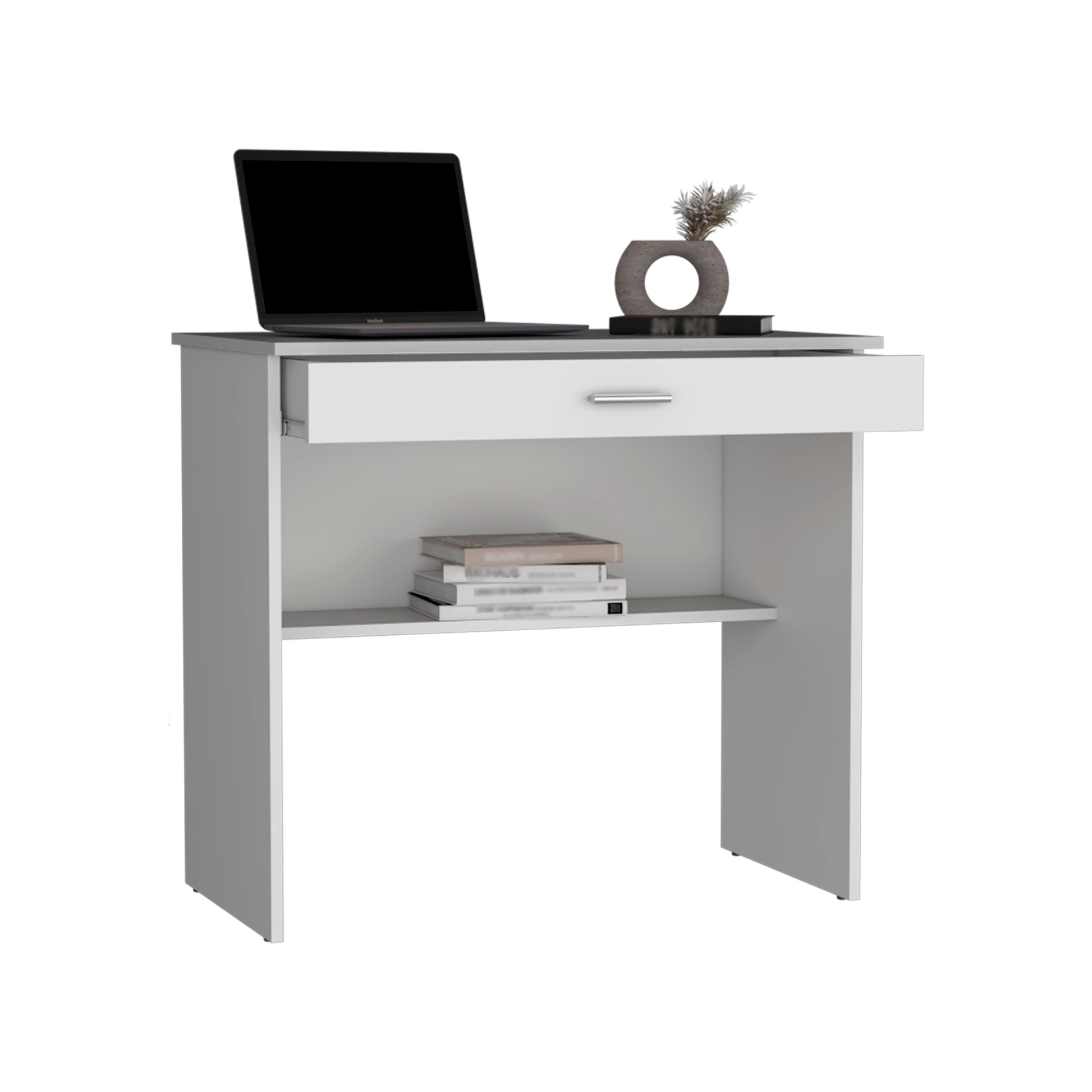 Modern white desk with silver drawer pull and open drawer featuring a laptop and decorative vase