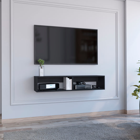Black floating media console with two compartments holding electronics and books