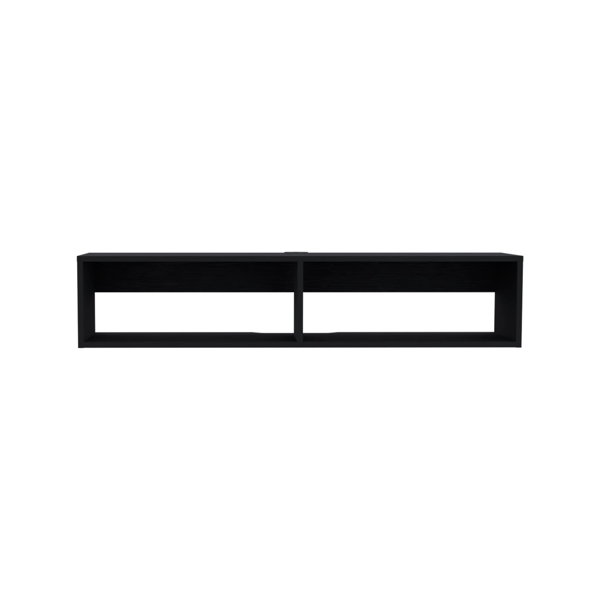 Sleek black modern console table with two open compartments for media storage