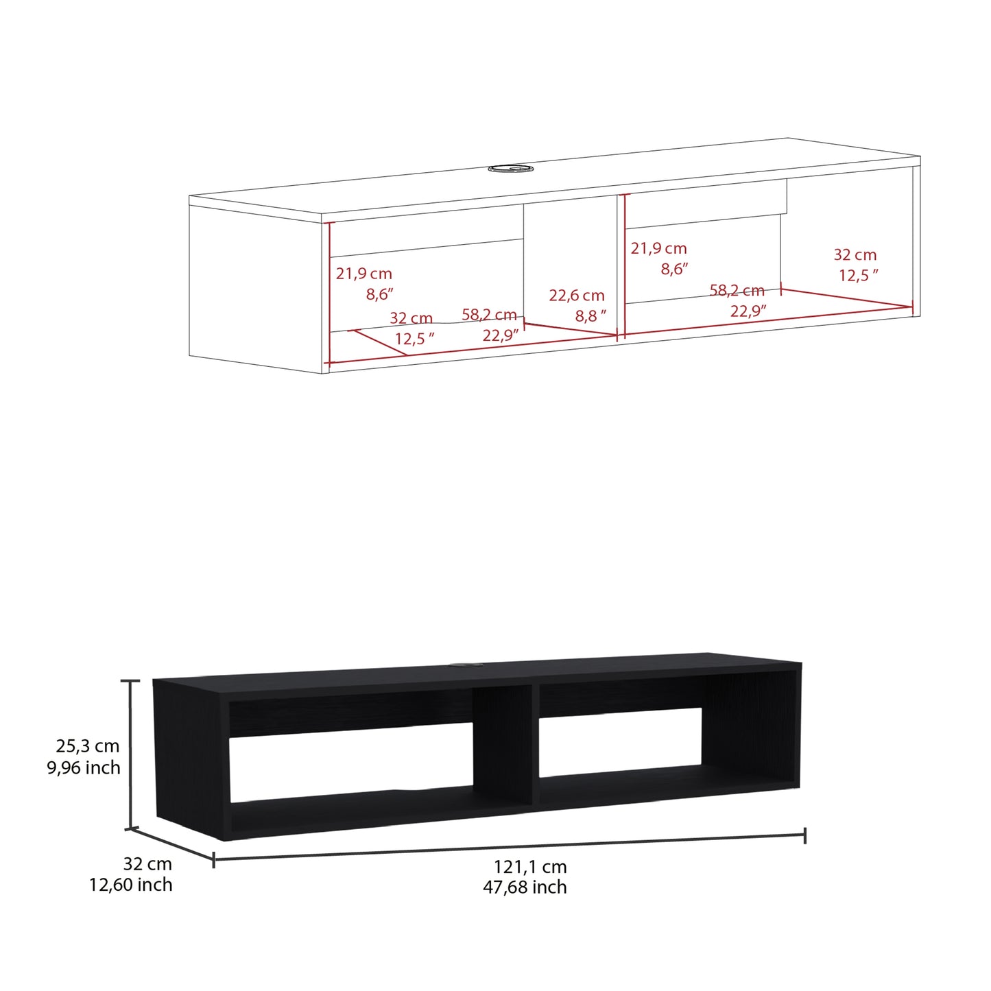 Black modern TV stand with two open shelves  cm width