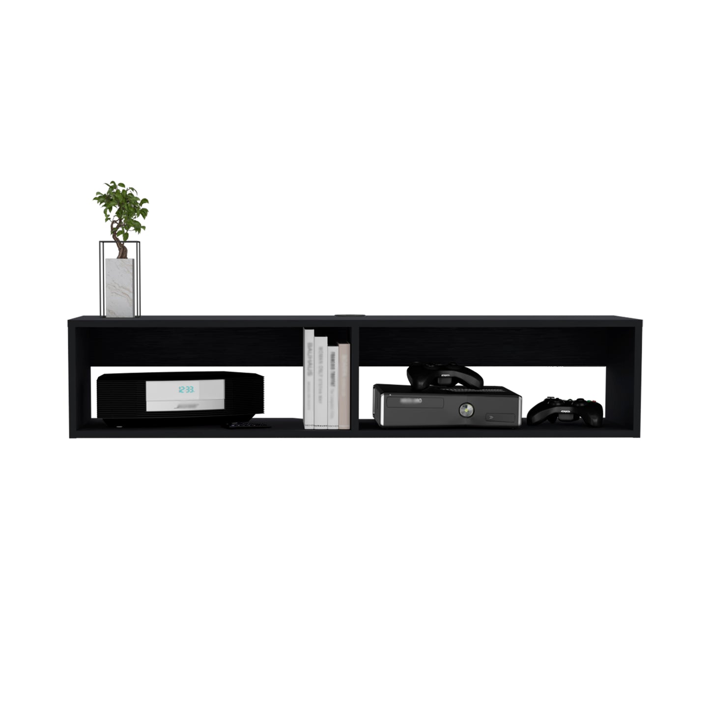 Black modern floating media console with media player books and game consoles