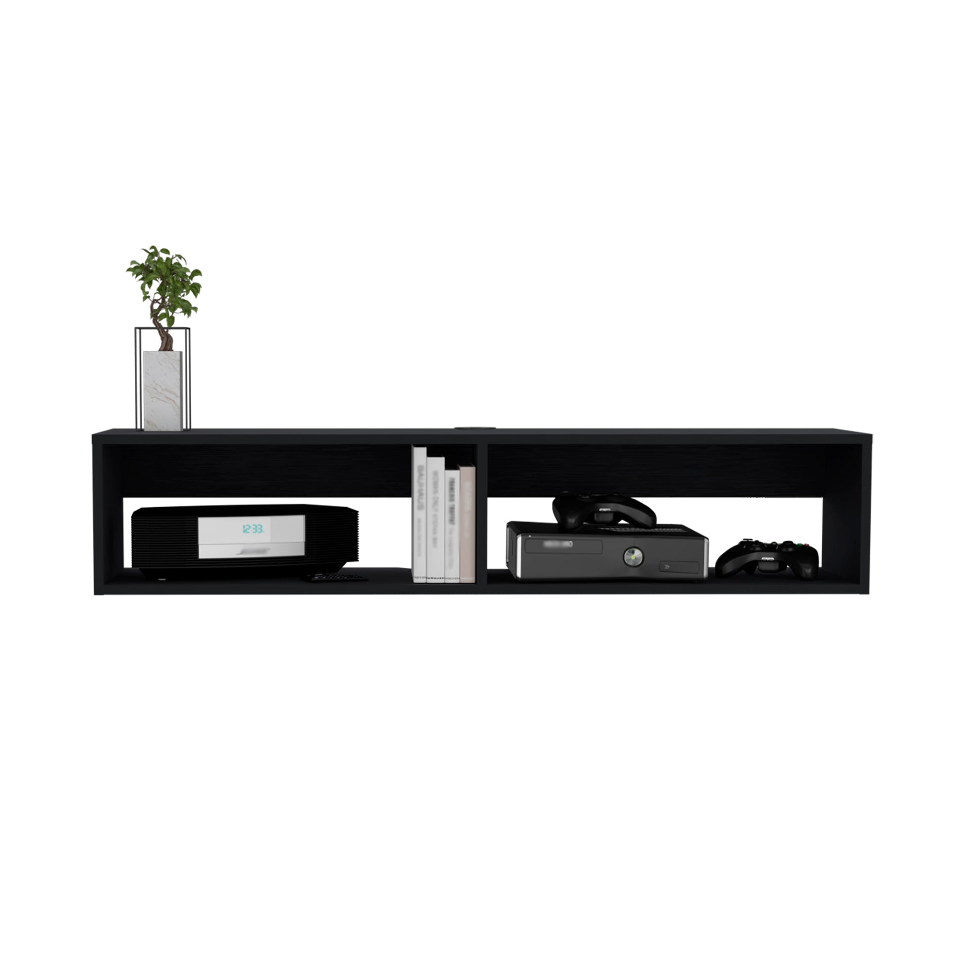Black modern floating media console with media player books and game consoles