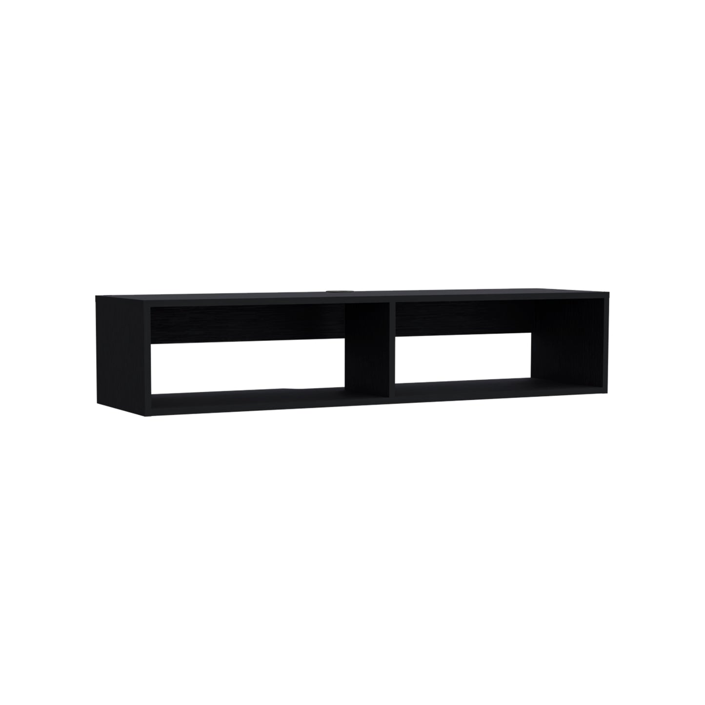 Sleek black floating shelf with two open compartments for minimalist home decor