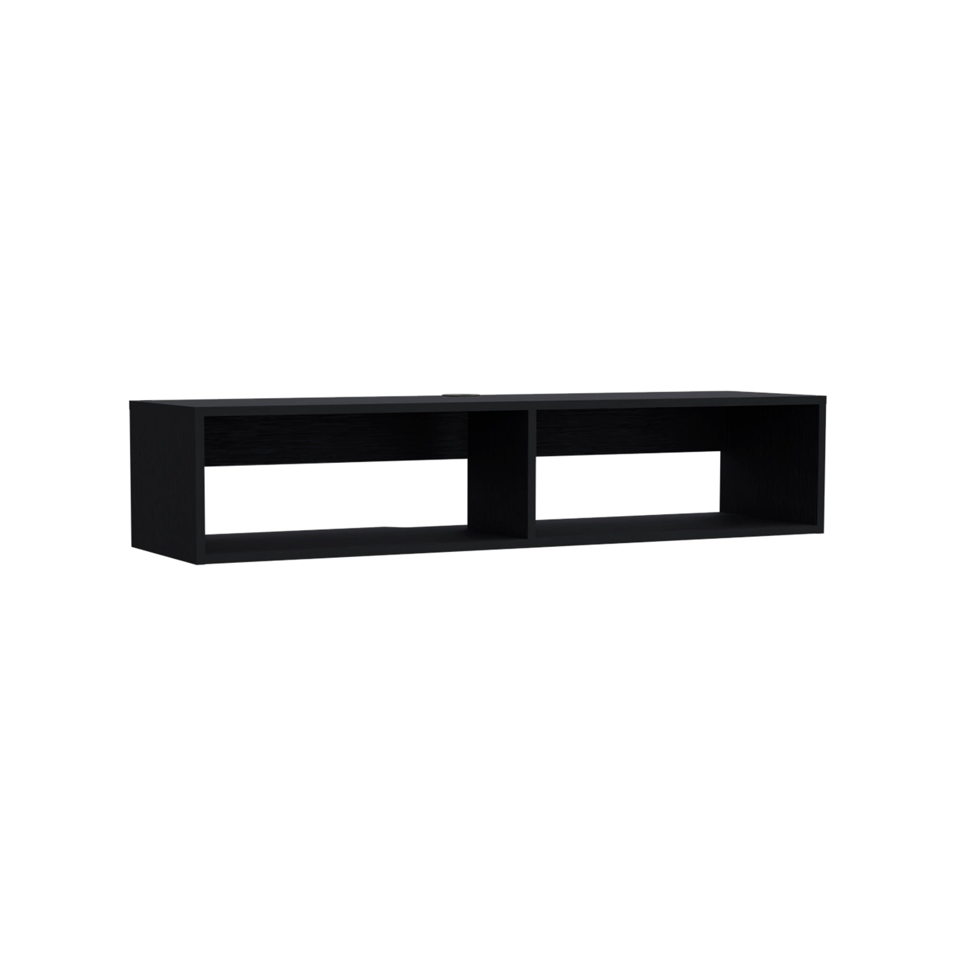 Sleek black floating shelf with two open compartments for minimalist home decor