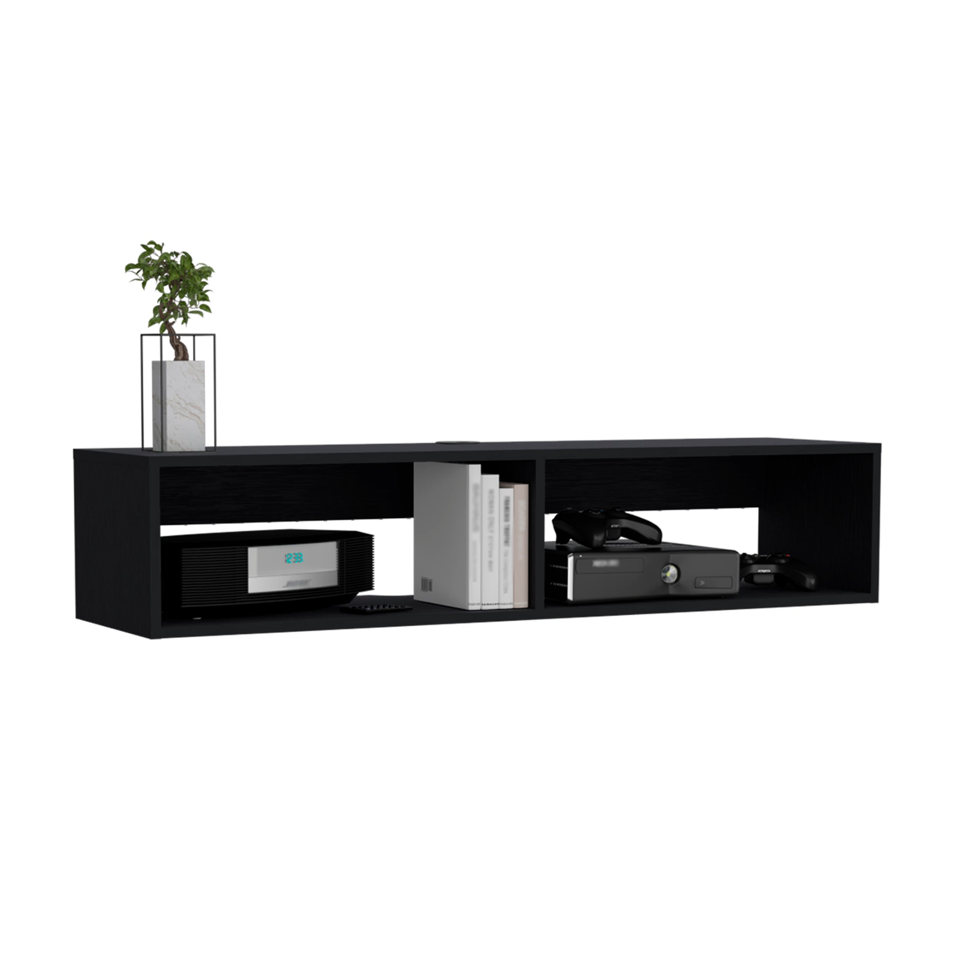 Black modern wallmounted TV stand with media consoles game consoles and books