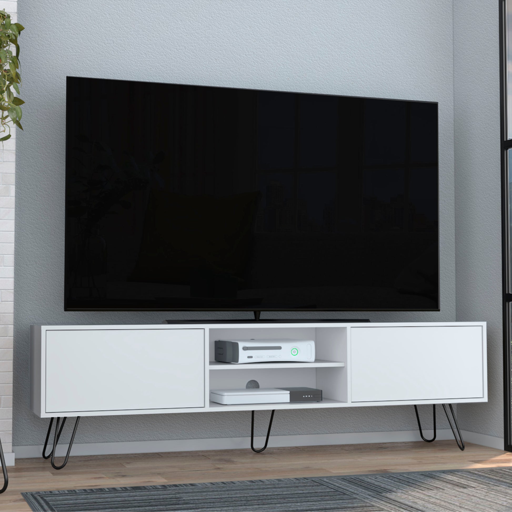 White TV stand with hairpin legs and open shelving for media devices