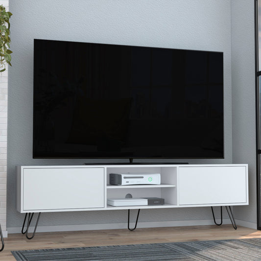 White TV stand with hairpin legs and open shelving for media devices
