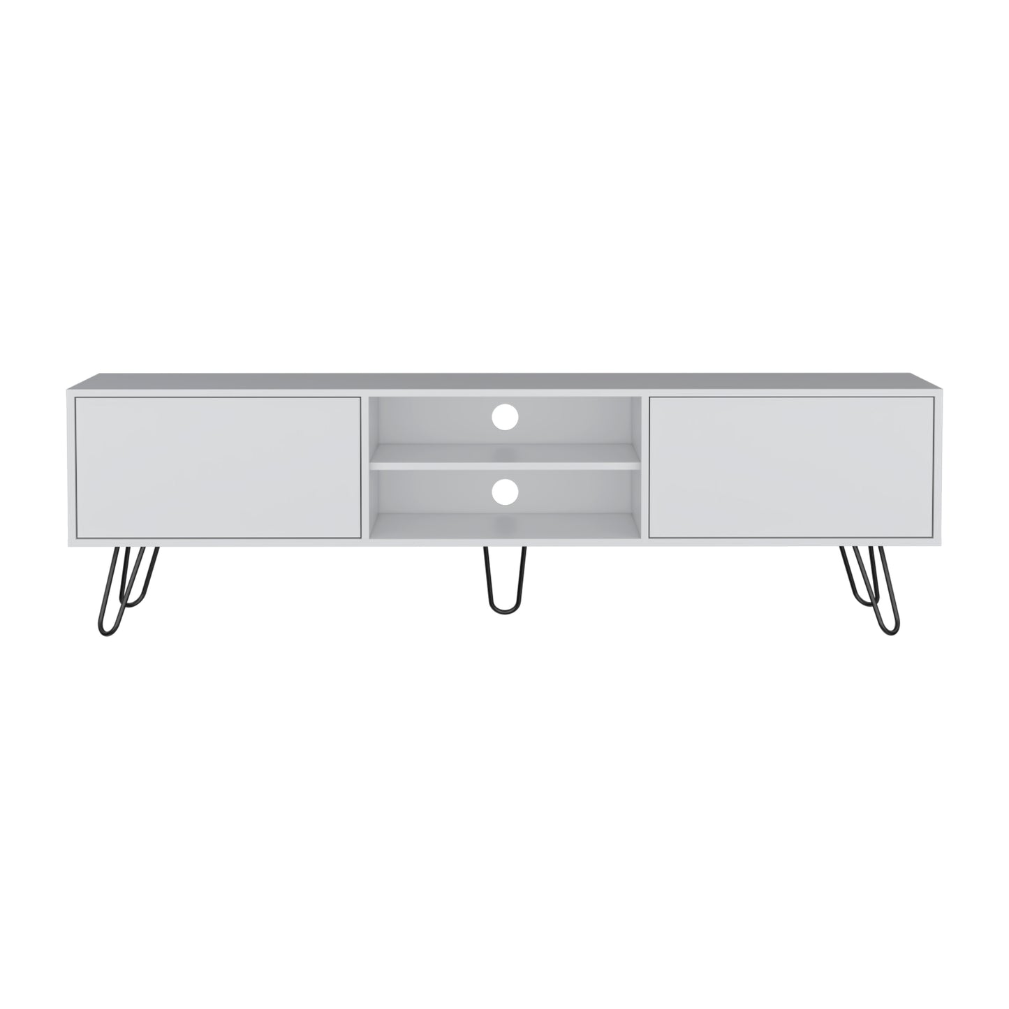 Modern white TV stand with two drawers and open shelving on hairpin legs