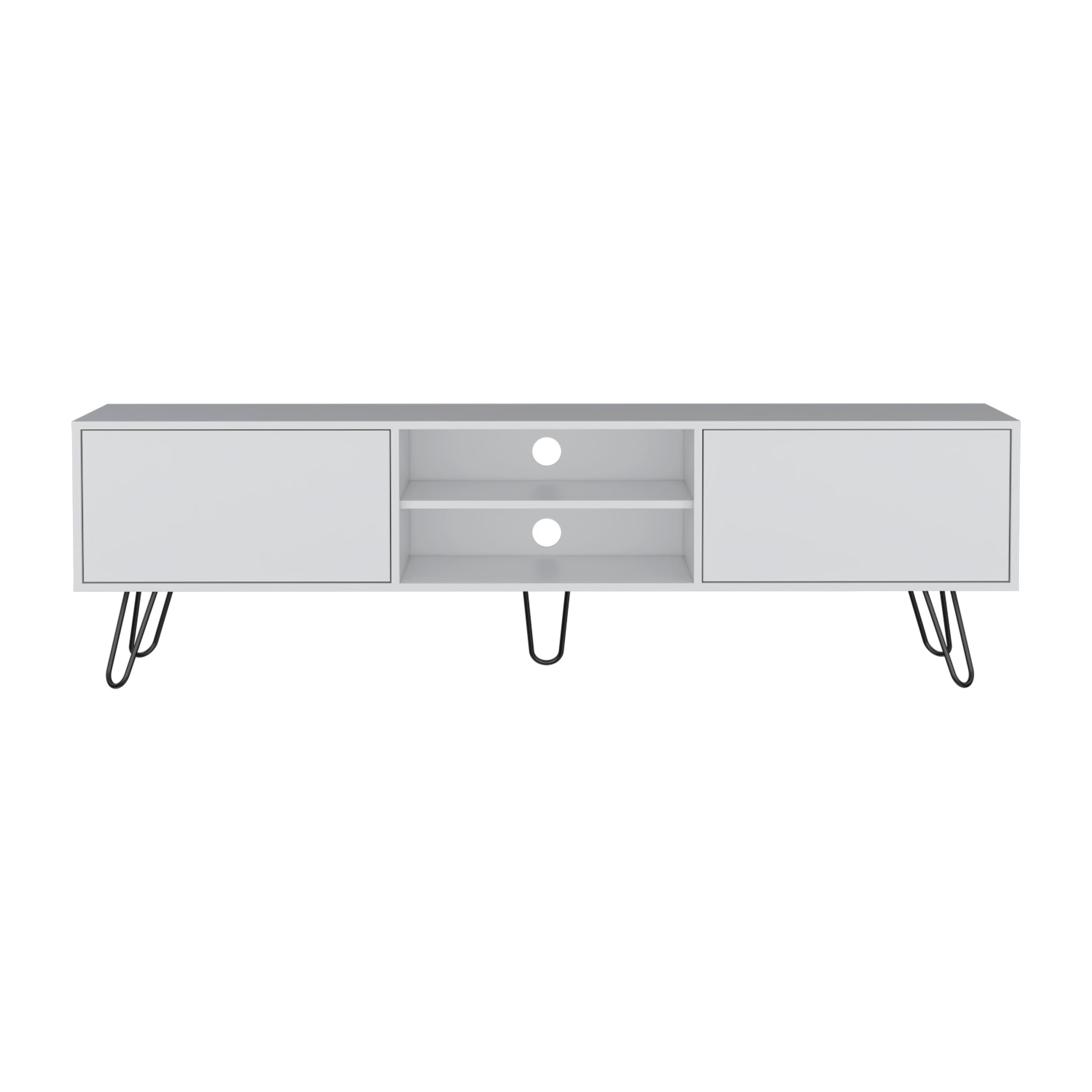 Modern white TV stand with two drawers and open shelving on hairpin legs