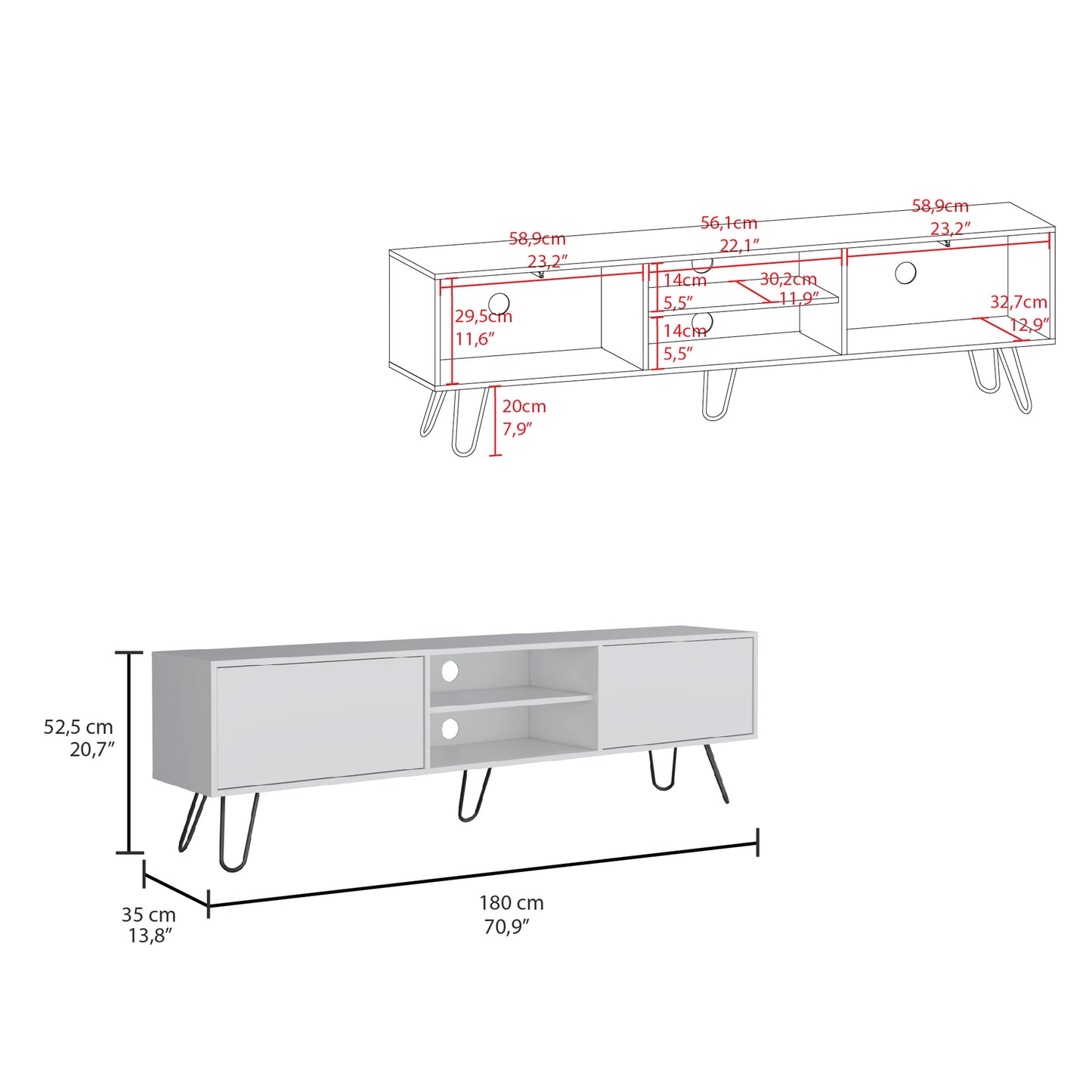 Modern white TV stand with hairpin legs and open shelving