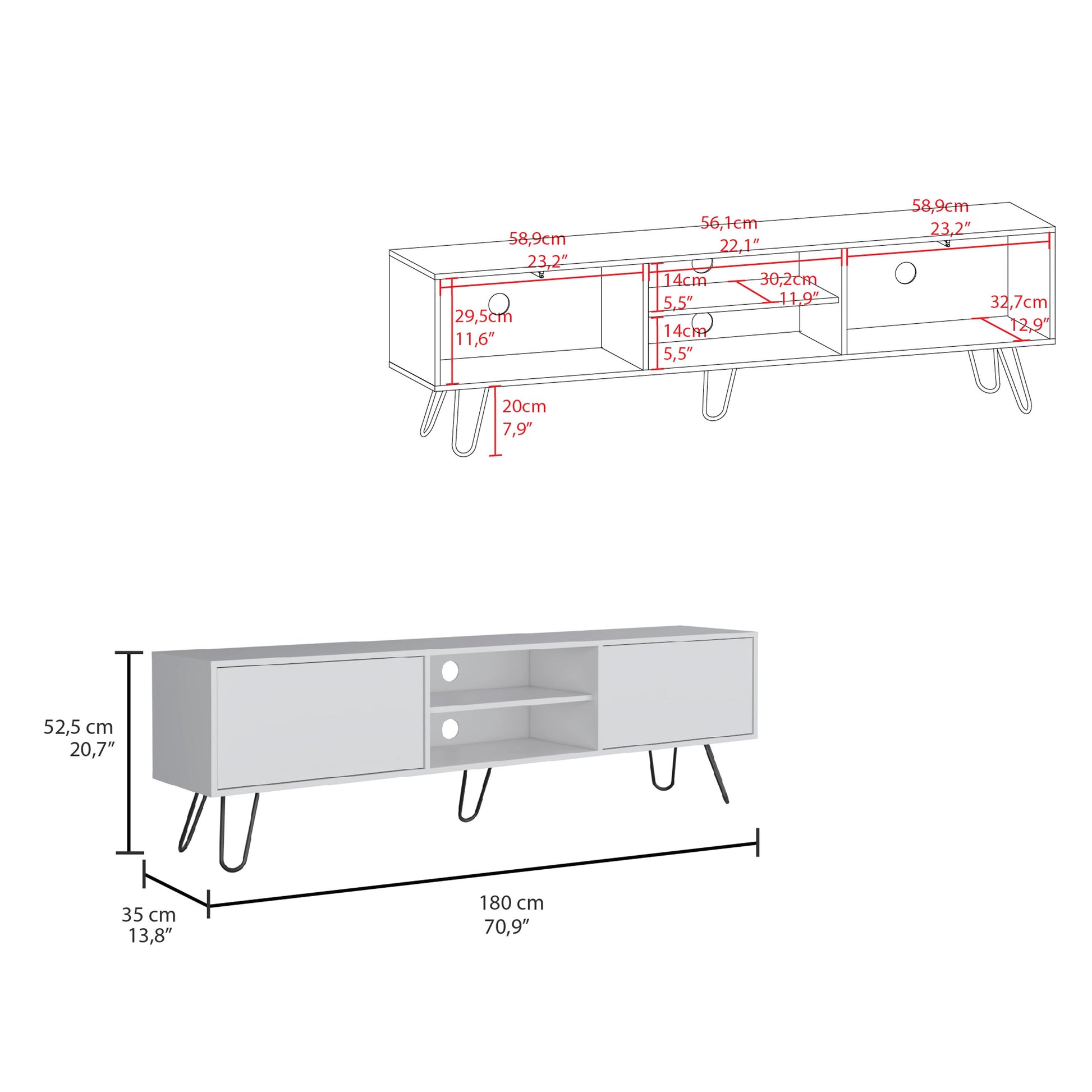 Modern white TV stand with hairpin legs and open shelving