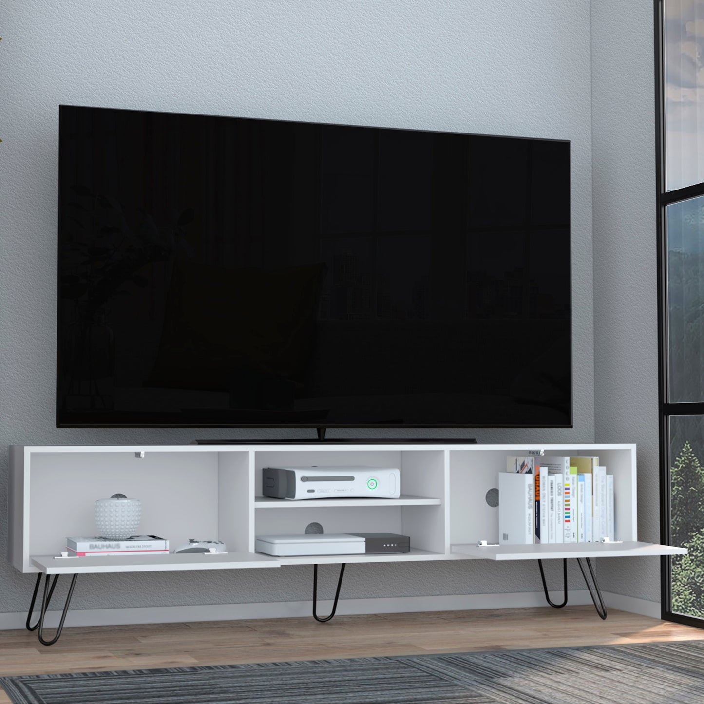 White modern TV stand with open shelving and black hairpin legs