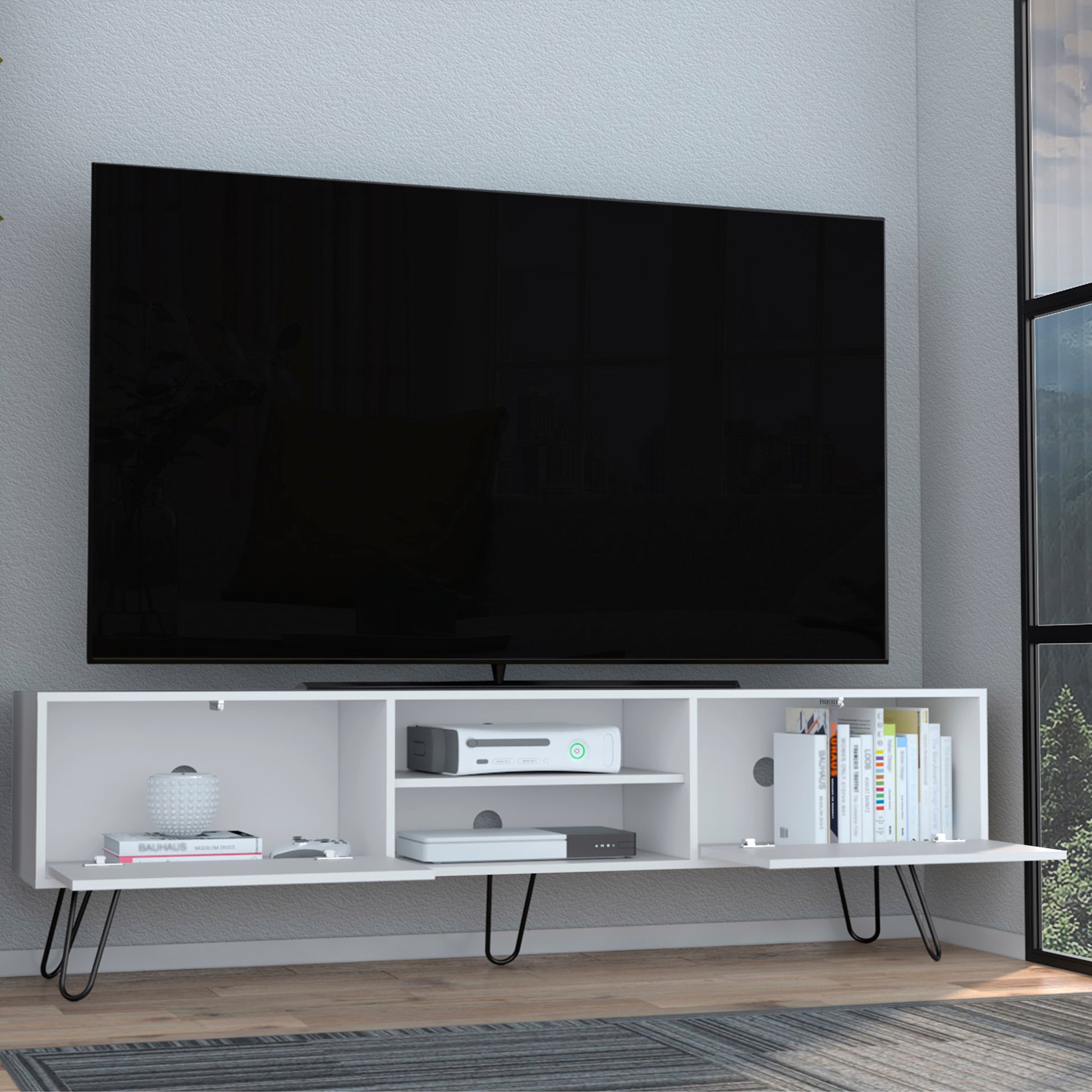 White modern TV stand with open shelving and black hairpin legs